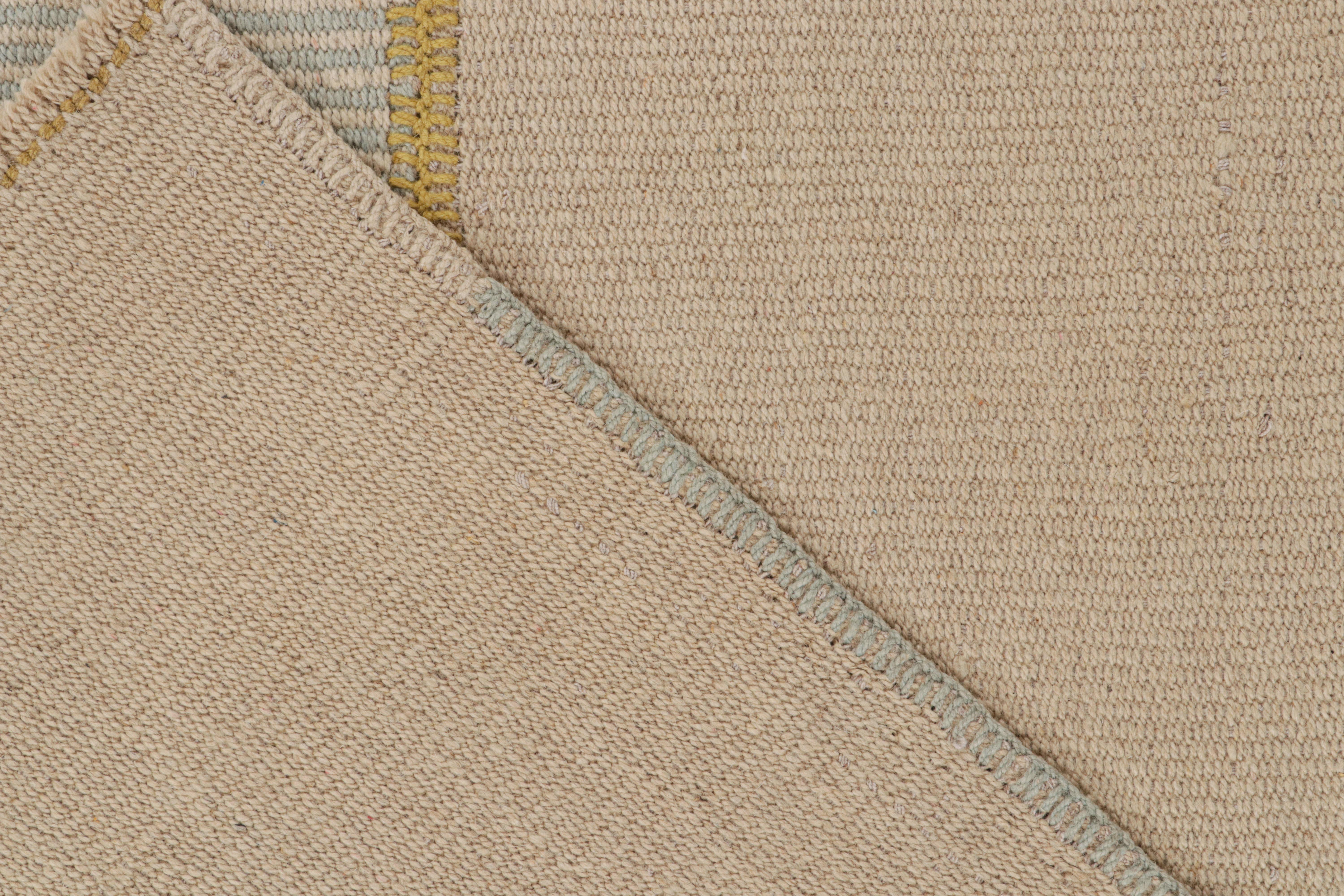 Wool Rug & Kilim’s Contemporary Kilim in Beige, Blue & Gold Stripes For Sale