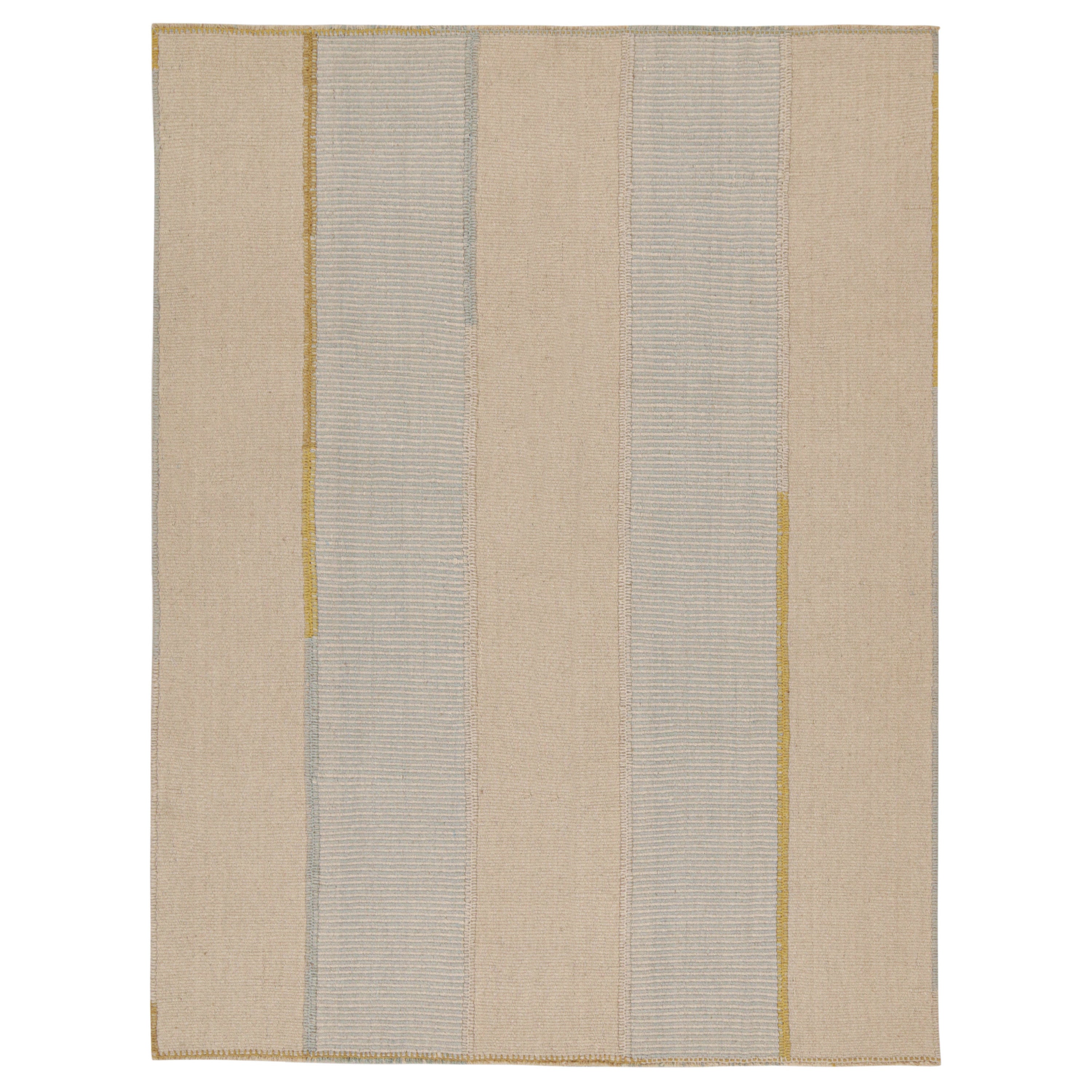 Rug & Kilim's Contemporary Kilim in Beige, Blue & Gold Stripes (Kilim contemporain en beige, bleu et or)