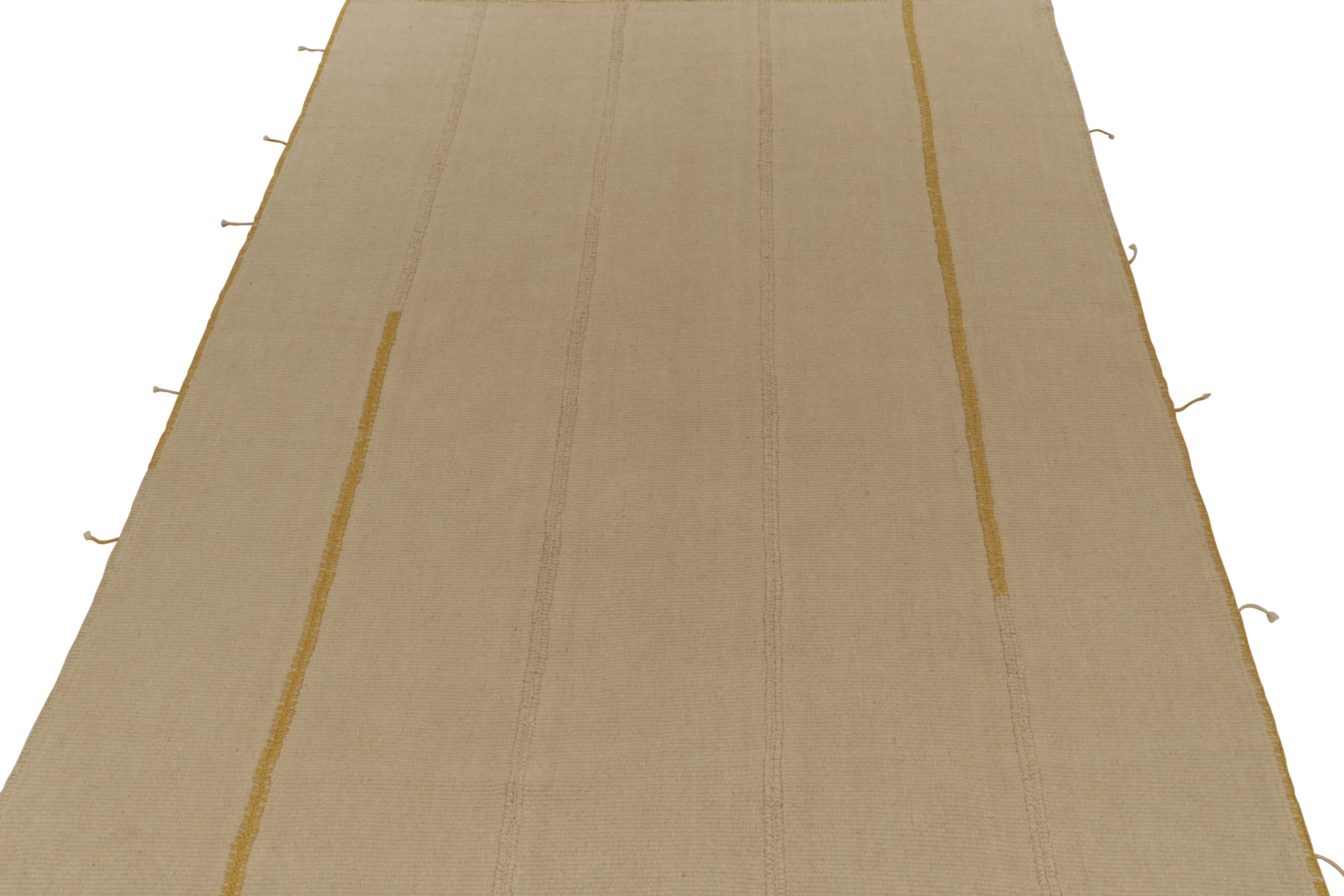 Afghan Rug & Kilim’s Contemporary Kilim in Beige-Brown Panels with Ochre Accents For Sale