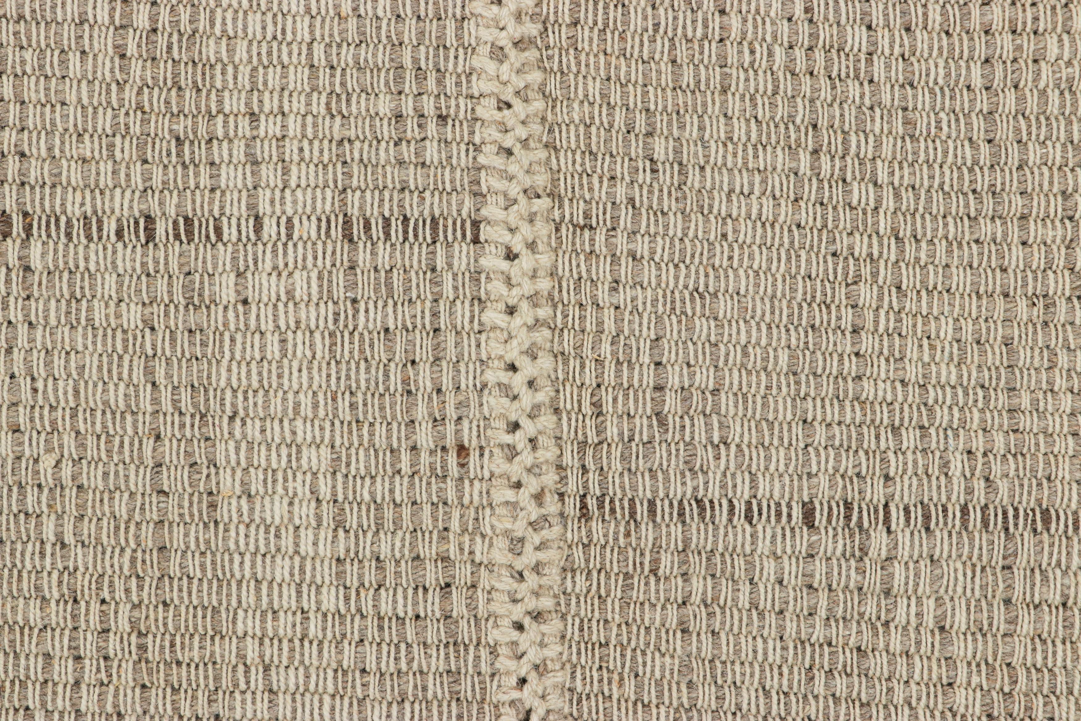 Afghan Rug & Kilim’s Contemporary Kilim in Beige-Brown Textural Stripes, White Accents For Sale