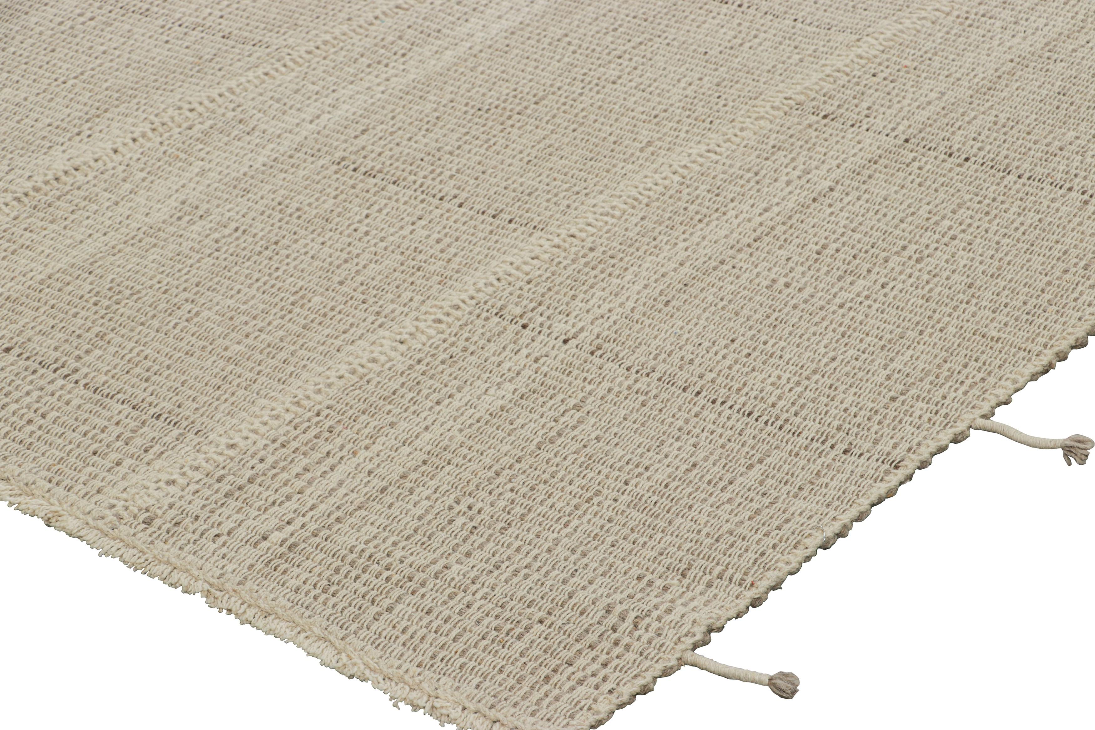 Wool Rug & Kilim’s Contemporary Kilim in Beige-Brown Textural Stripes, White Accents For Sale