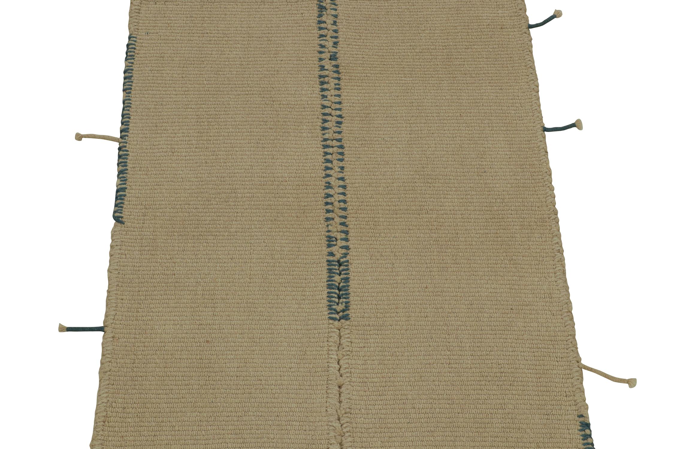Modern Rug & Kilim’s Contemporary Kilim in Beige-Brown with Blue Accents For Sale