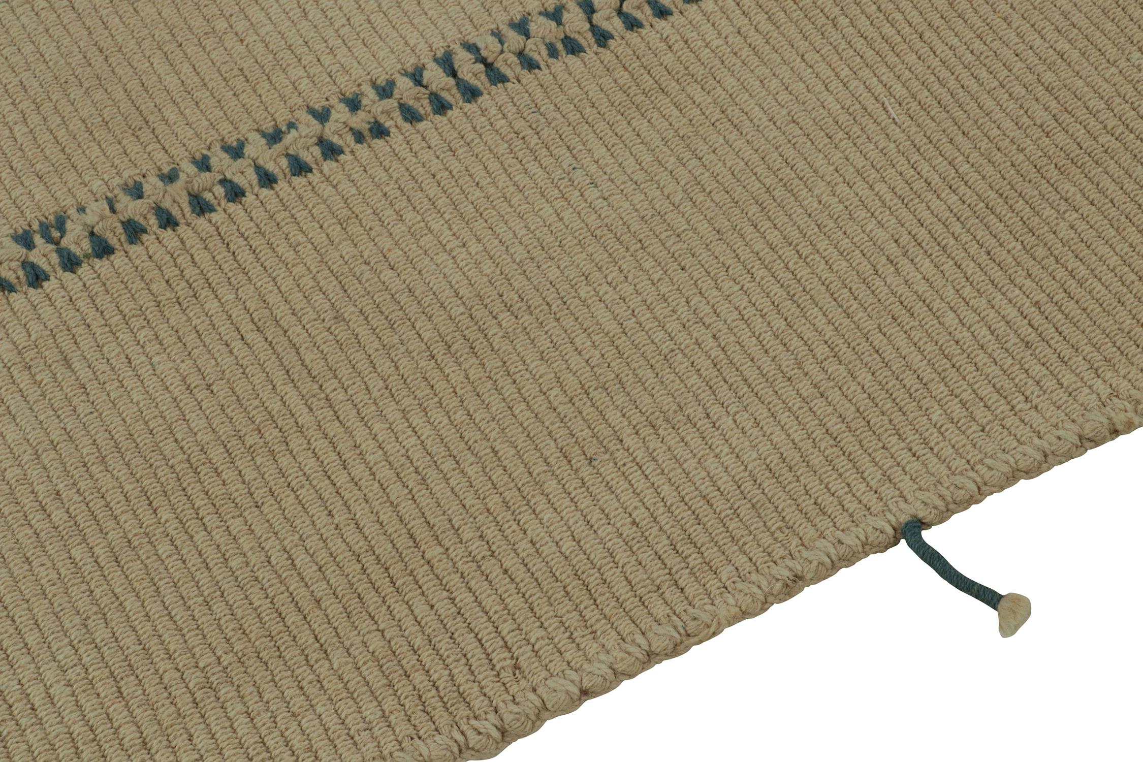 Hand-Knotted Rug & Kilim’s Contemporary Kilim in Beige-Brown with Blue Accents For Sale