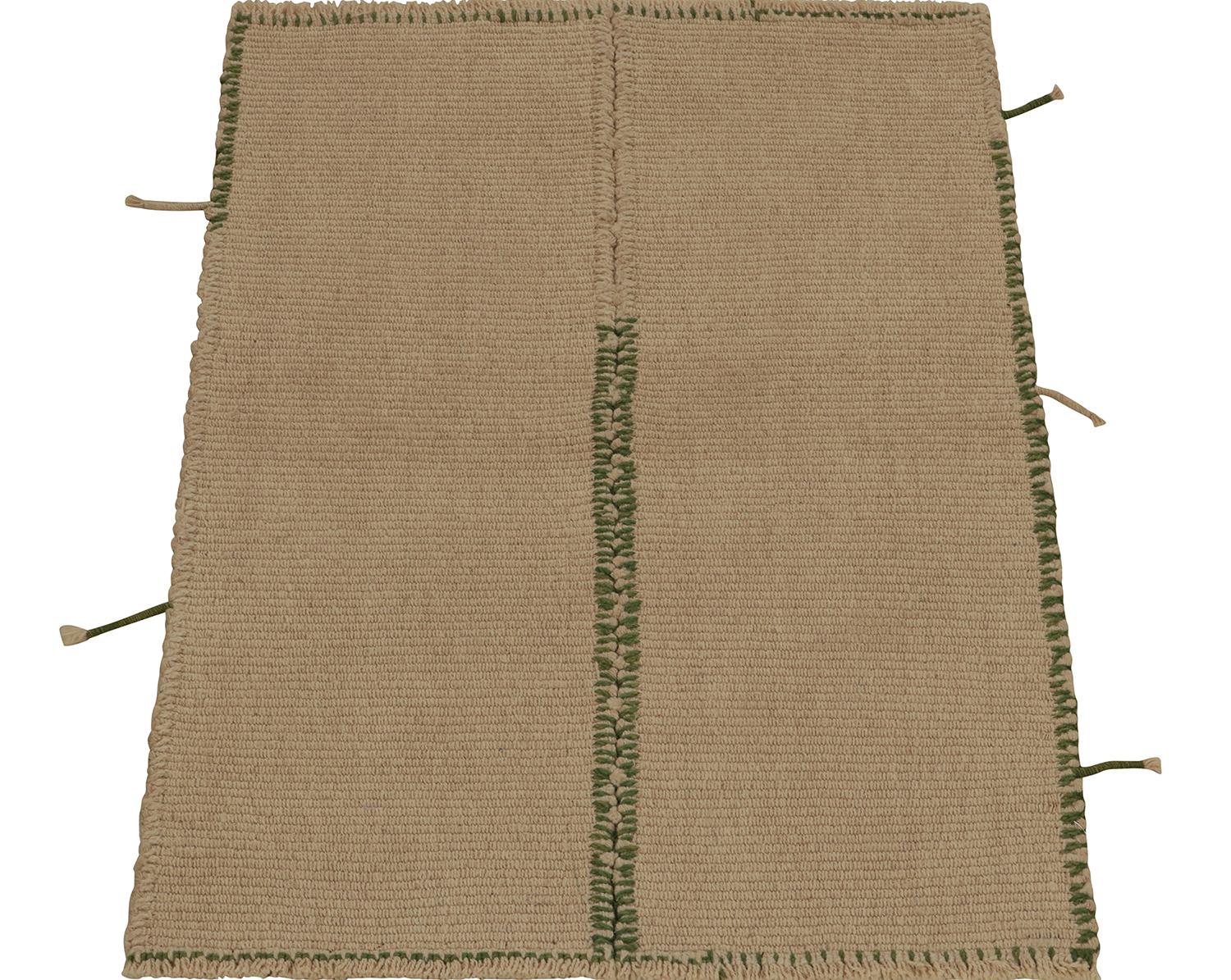 Modern Rug & Kilim’s Contemporary Kilim in Beige-Brown with Green Accents For Sale