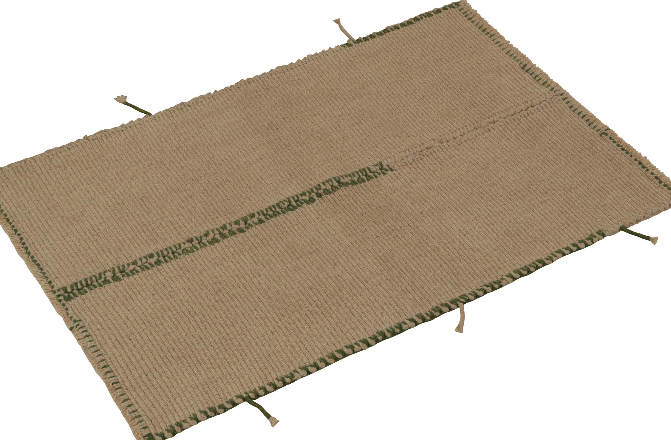 Handwoven in wool, a gift-sized 3x4 Kilim from an innovative new contemporary flat weave collection by Rug & Kilim.

On the design: The “Rez Kilim” connotes a modern take on classic panel weaving—this edition enjoying warm beige-brown with
