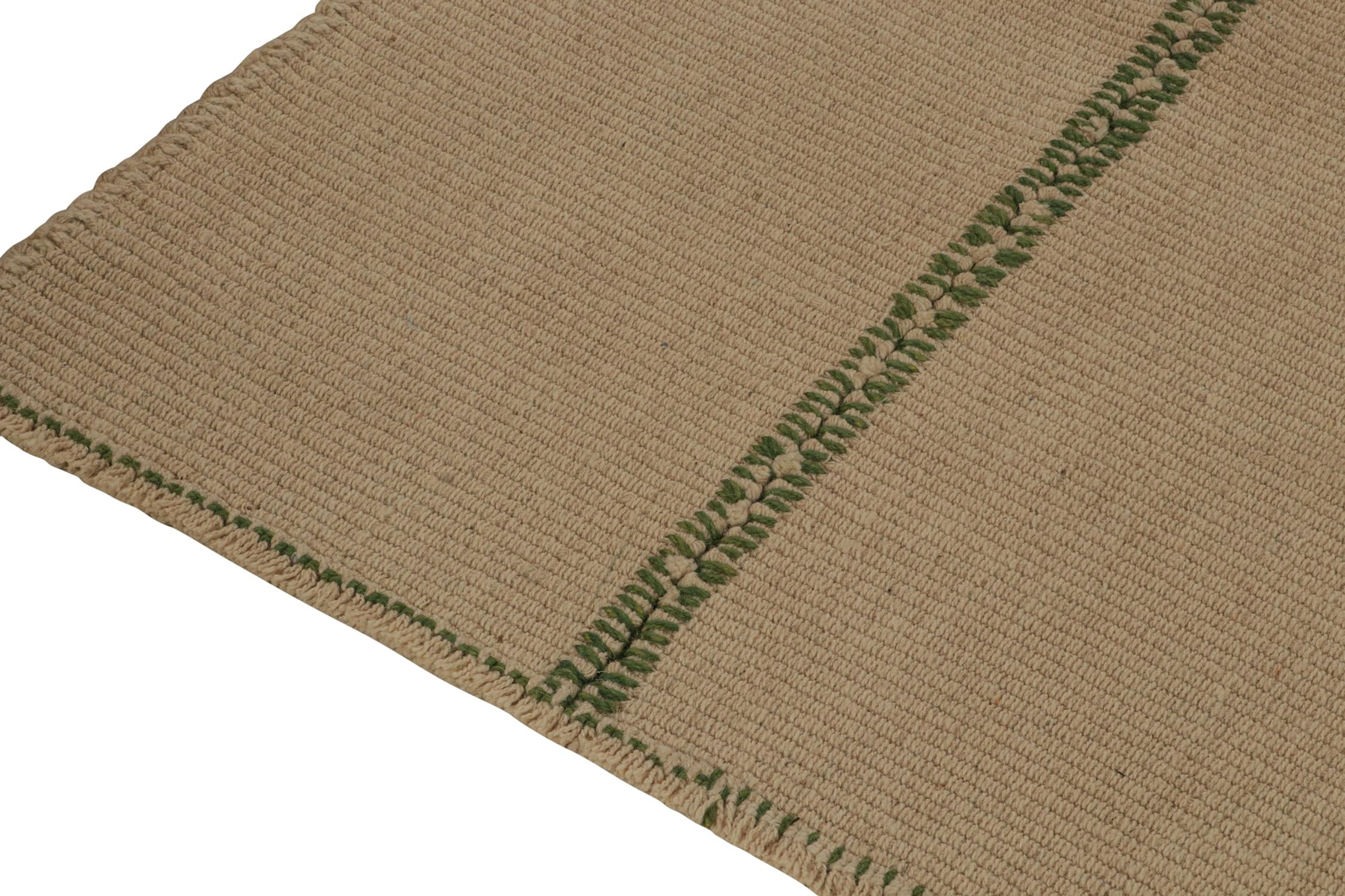 Hand-Knotted Rug & Kilim’s Contemporary Kilim in Beige-Brown with Green Accents For Sale
