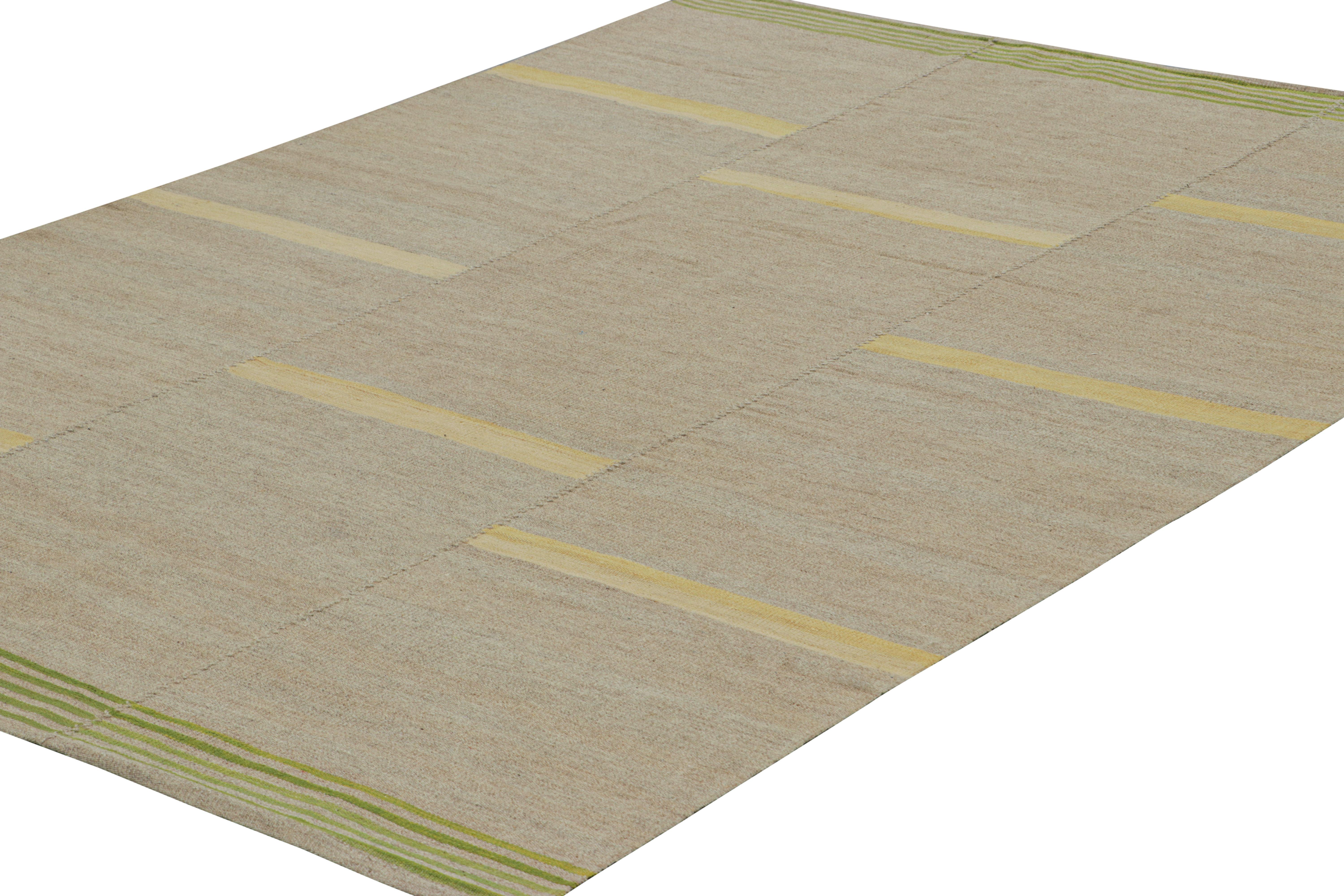 Hand-Woven Rug & Kilim’s Contemporary Kilim in Beige, Gold and Chartreuse Textural Stripes For Sale