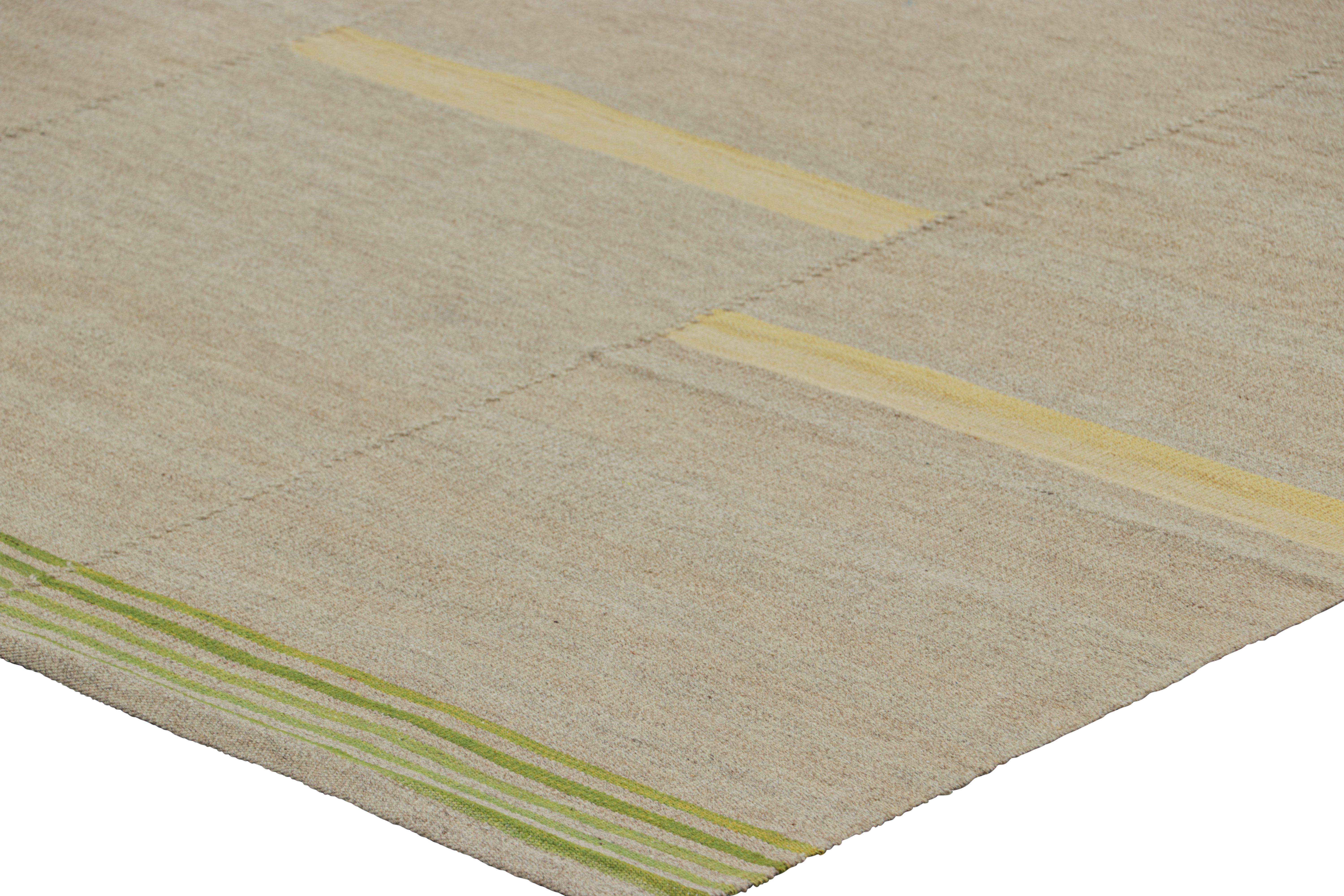 Wool Rug & Kilim’s Contemporary Kilim in Beige, Gold and Chartreuse Textural Stripes For Sale