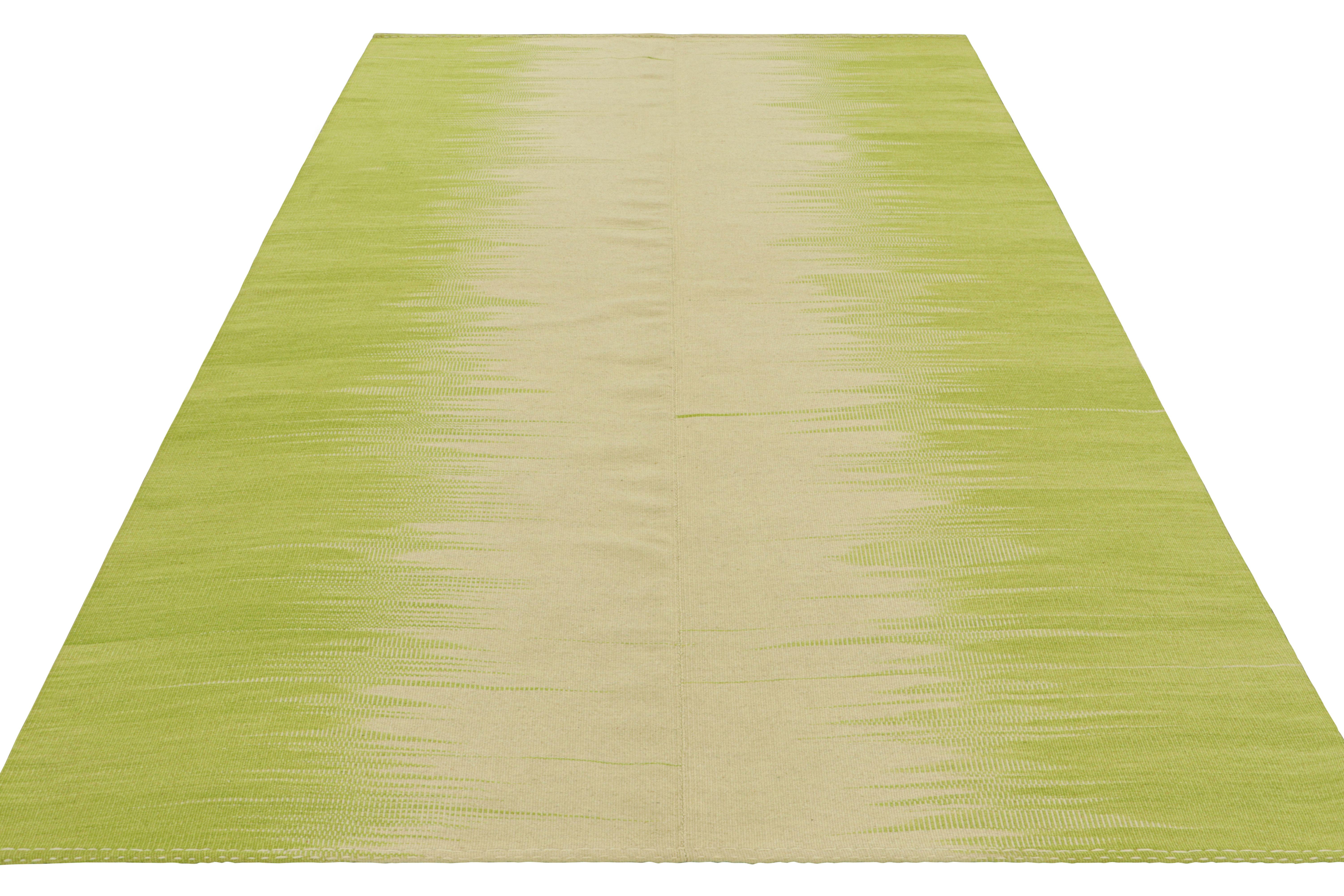  Tejido a mano en lana, este kilim de 6x10 pertenece a una nueva e ingeniosa colección contemporánea de tejido plano de Rug & Kilim.

Sobre el diseño: 

Esta versión moderna del clásico tejido de paneles presenta un juego fabuloso y único de rayas