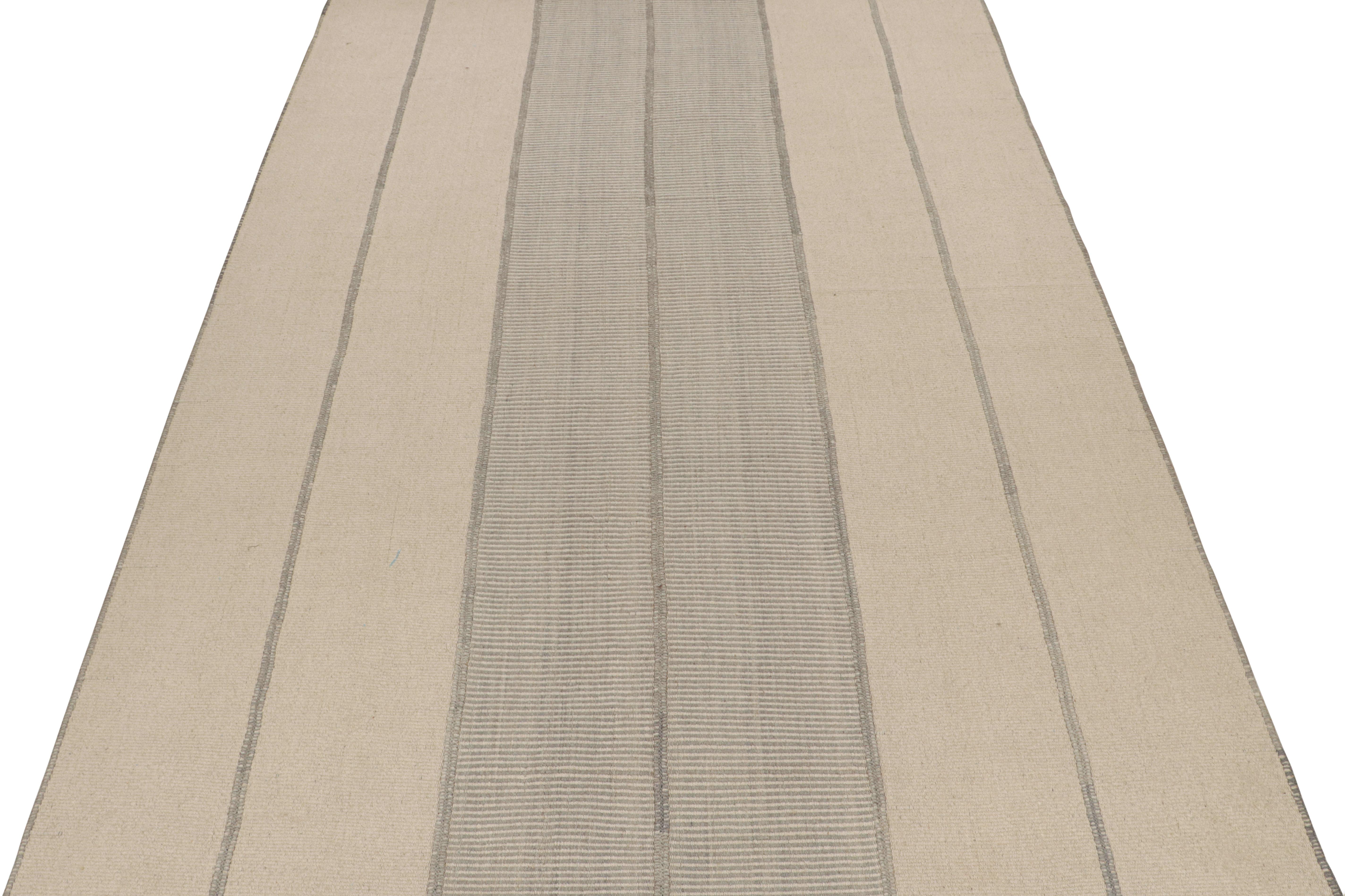 Hand-Woven Rug & Kilim’s Contemporary Kilim in Beige & Grey Stripes For Sale
