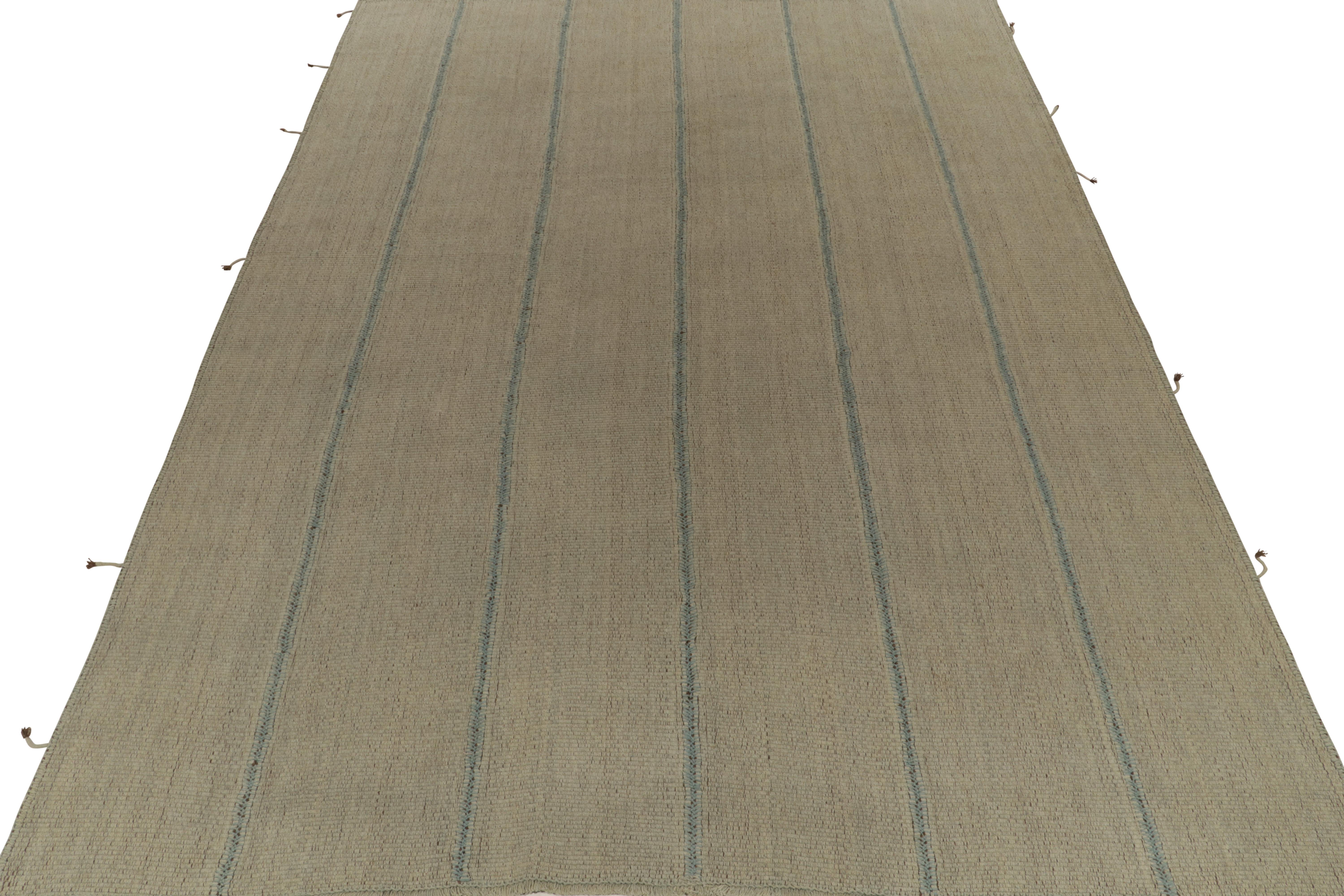 Afghan Rug & Kilim’s Contemporary Kilim in Beige Panels with Blue Stripes For Sale