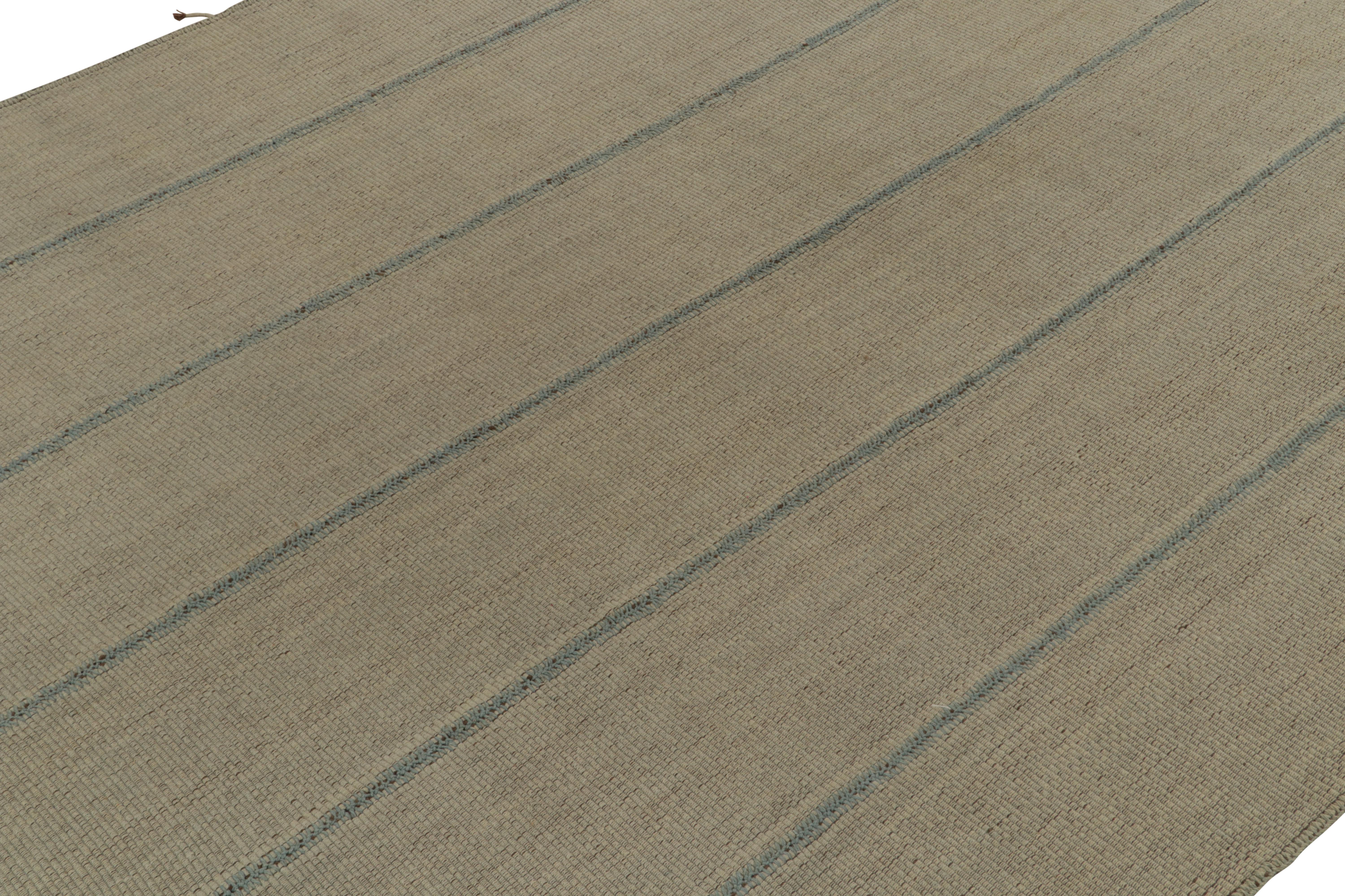 Hand-Knotted Rug & Kilim’s Contemporary Kilim in Beige Panels with Blue Stripes For Sale