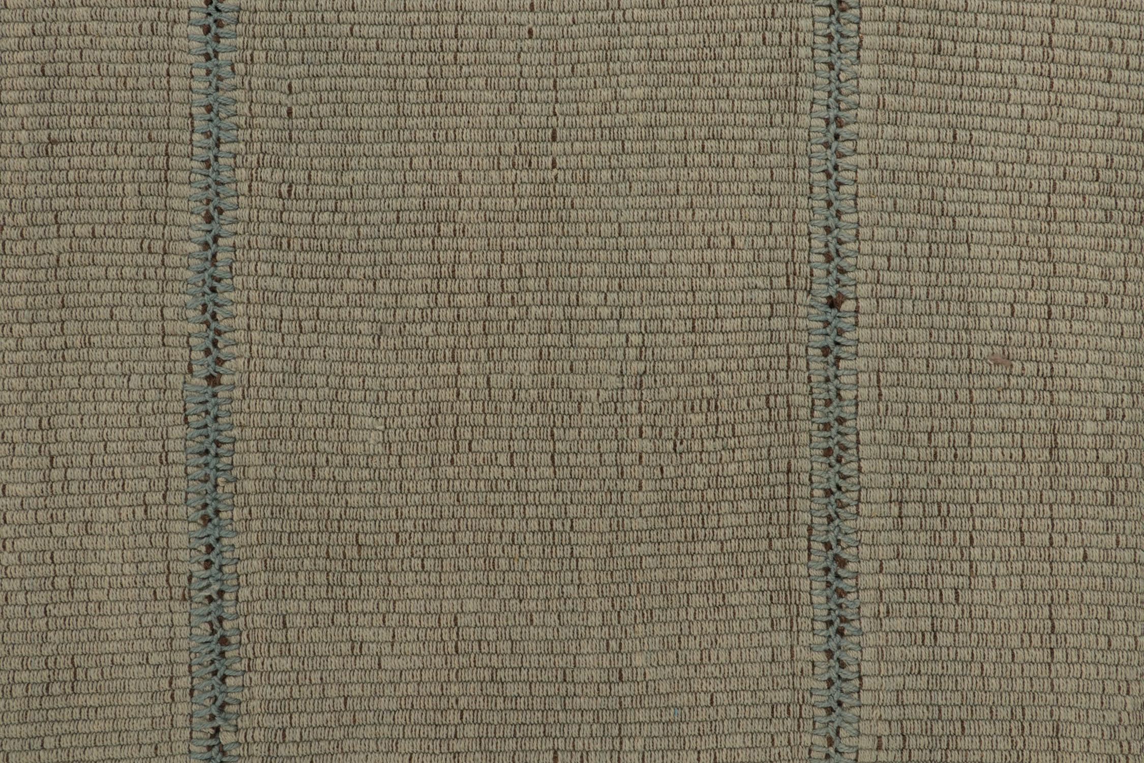 Wool Rug & Kilim’s Contemporary Kilim in Beige Panels with Blue Stripes For Sale