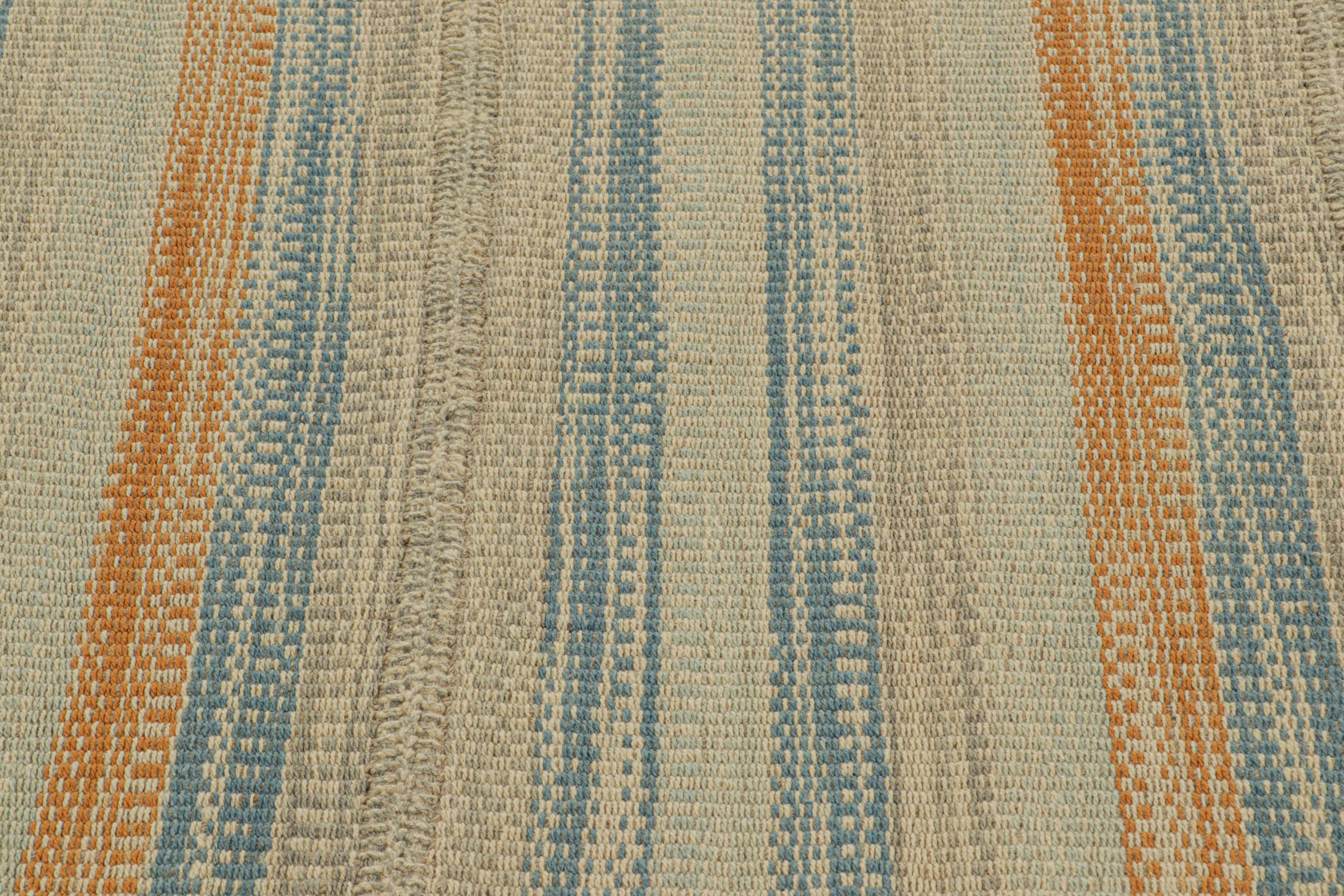 Modern Rug & Kilim’s Contemporary Kilim in Beige, Rust and Blue Textural Stripes For Sale