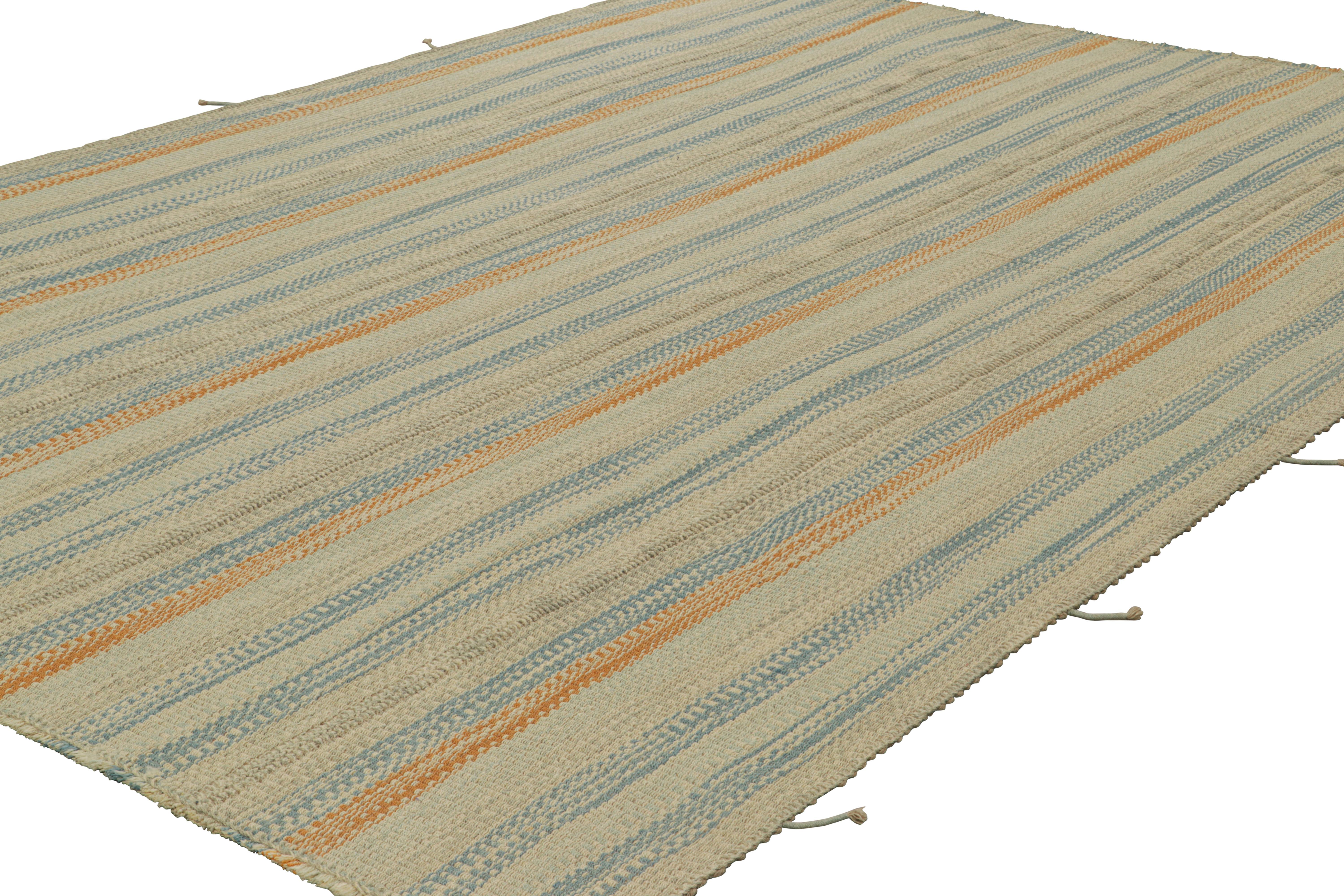 Afghan Rug & Kilim’s Contemporary Kilim in Beige, Rust and Blue Textural Stripes For Sale