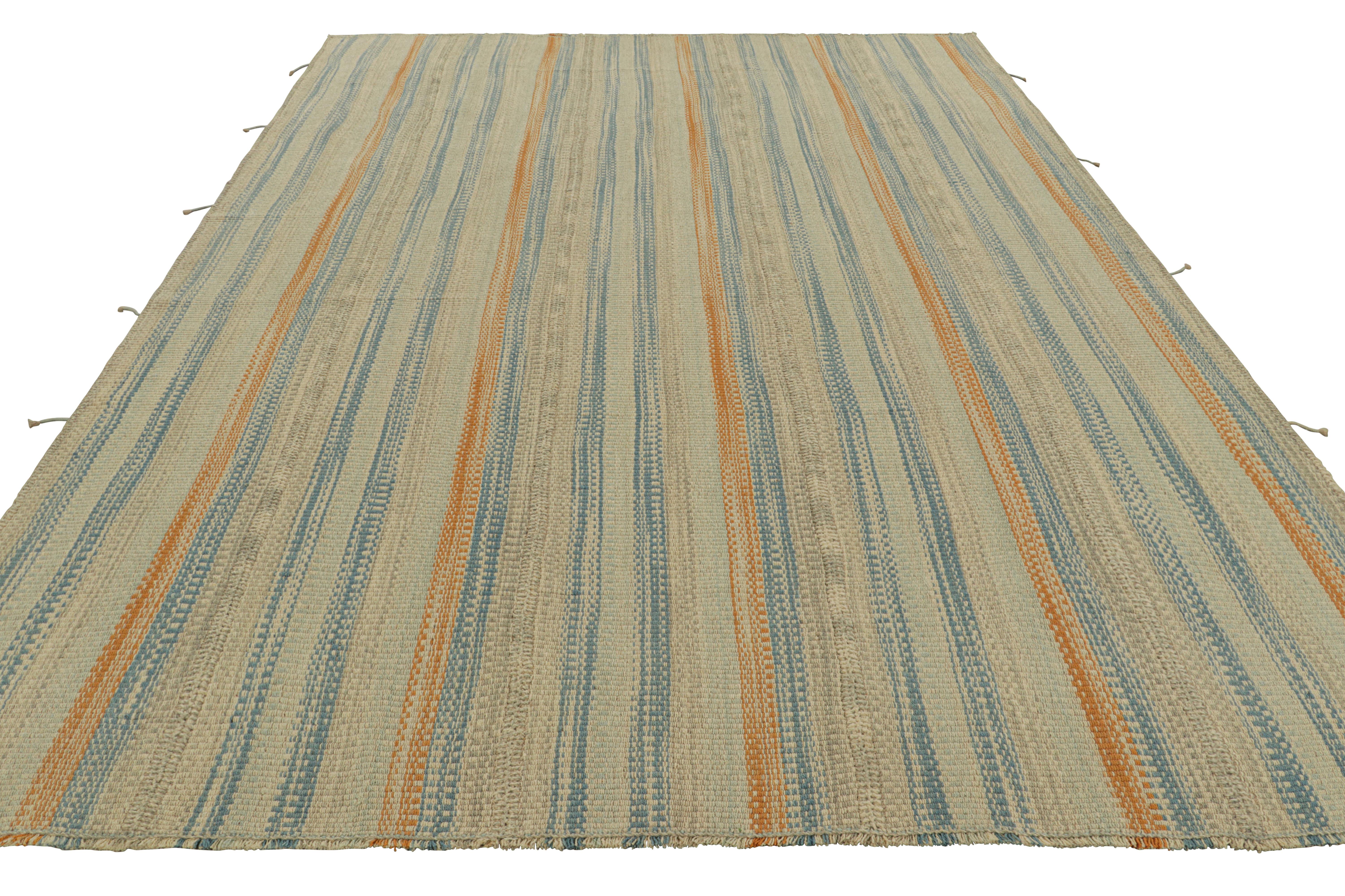 Hand-Woven Rug & Kilim’s Contemporary Kilim in Beige, Rust and Blue Textural Stripes For Sale