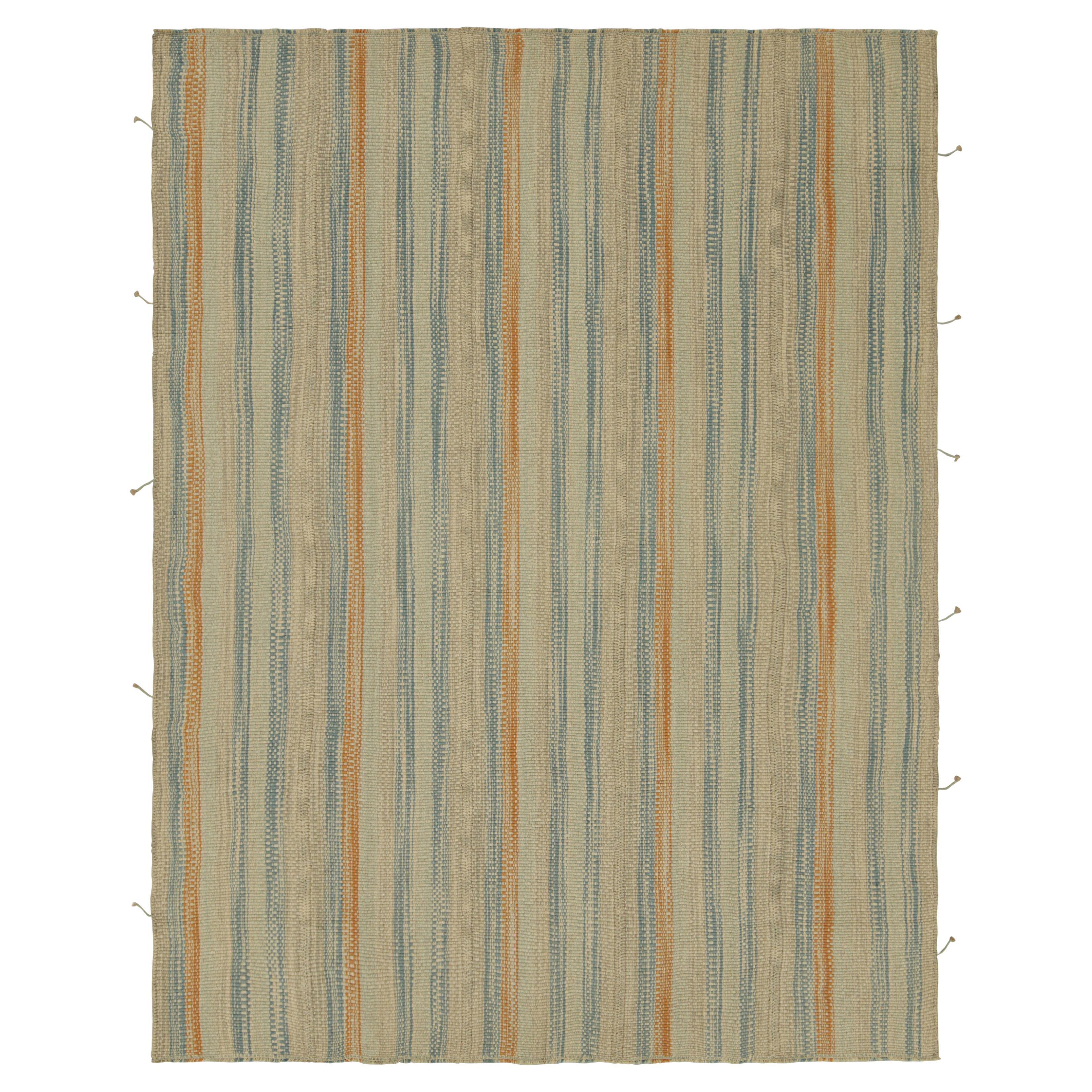 Rug & Kilim’s Contemporary Kilim in Beige, Rust and Blue Textural Stripes For Sale