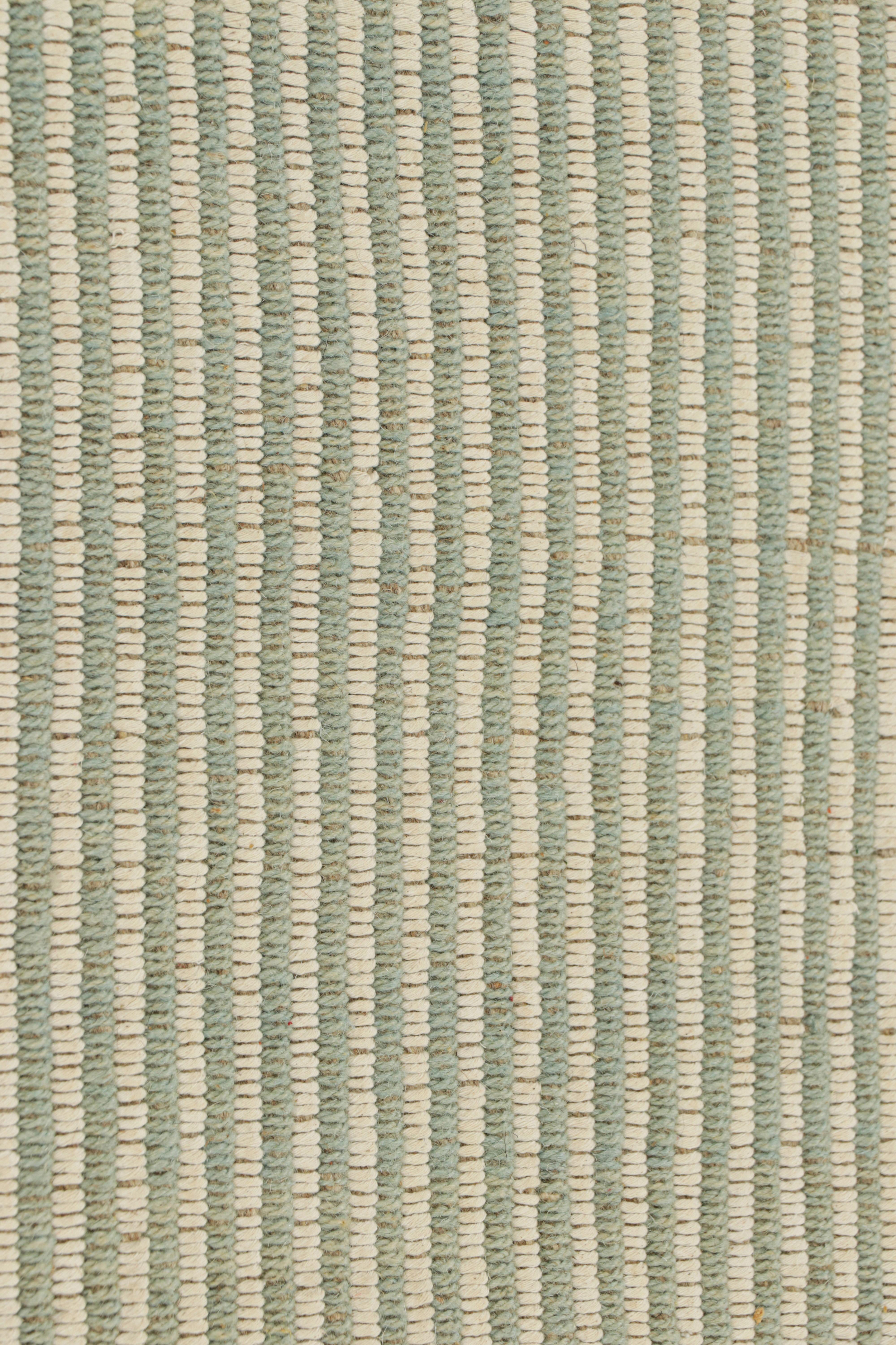 Modern Rug & Kilim’s Contemporary Kilim in Beige, White and Blue Textural Stripes For Sale