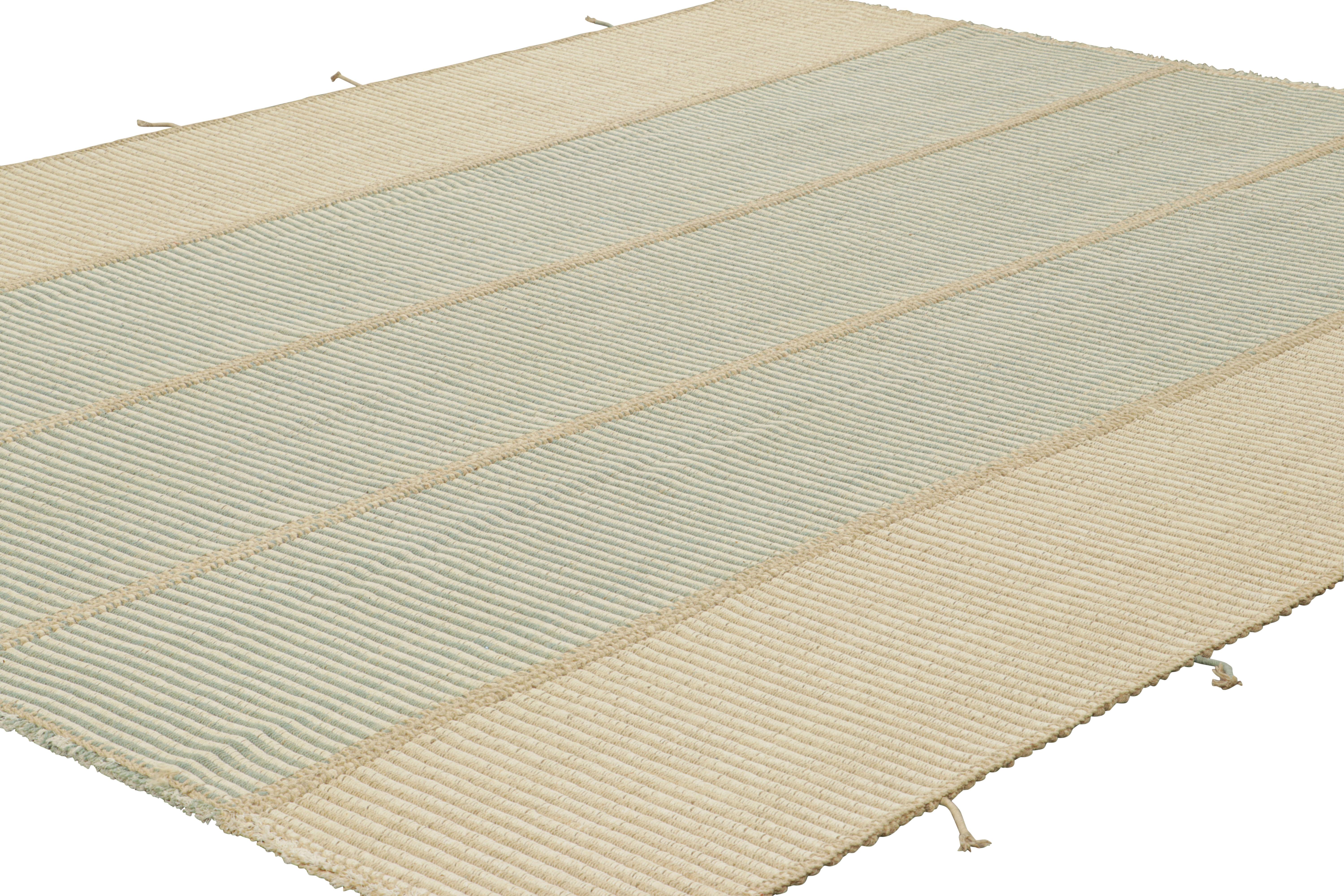Afghan Rug & Kilim’s Contemporary Kilim in Beige, White and Blue Textural Stripes For Sale