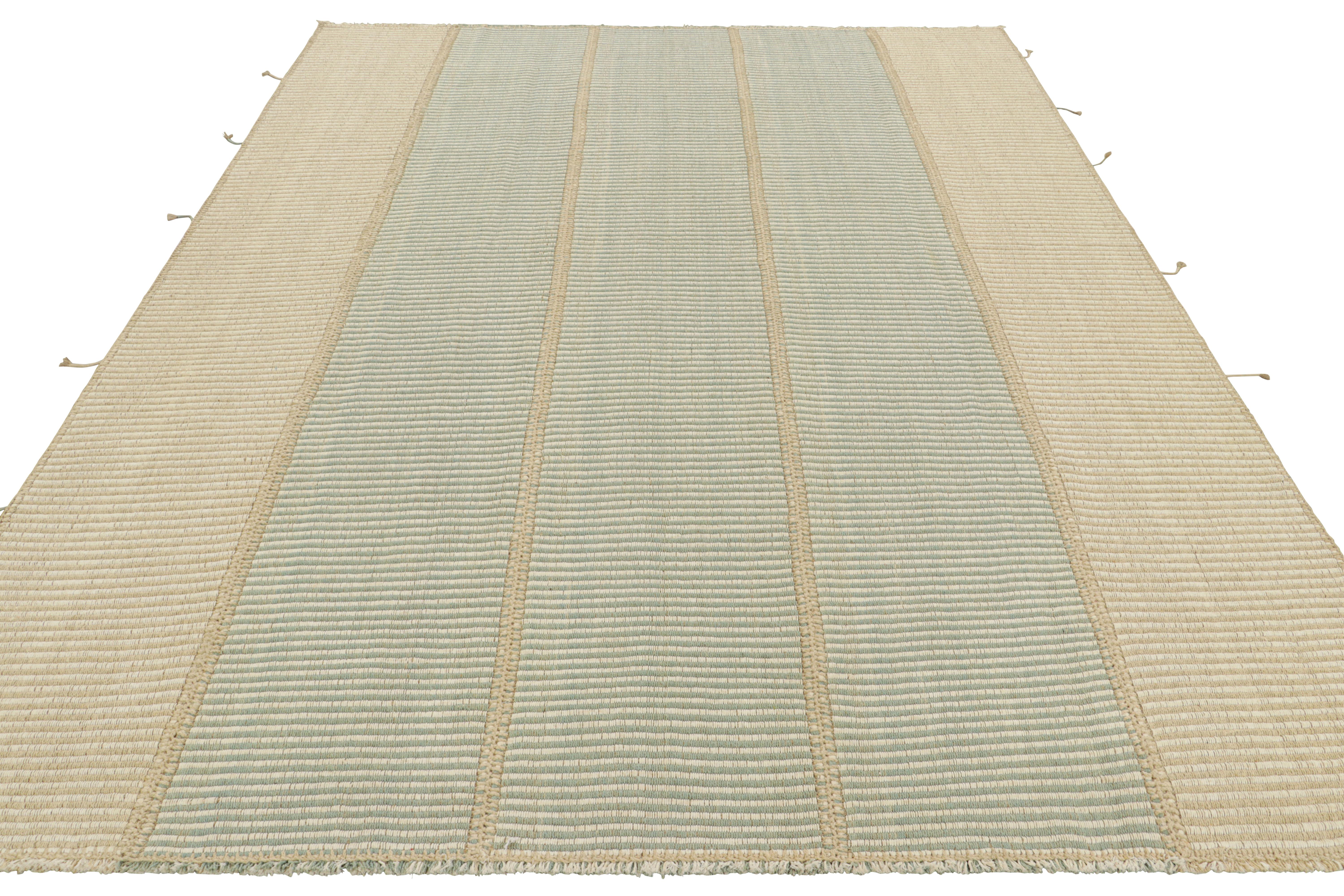 Hand-Woven Rug & Kilim’s Contemporary Kilim in Beige, White and Blue Textural Stripes For Sale