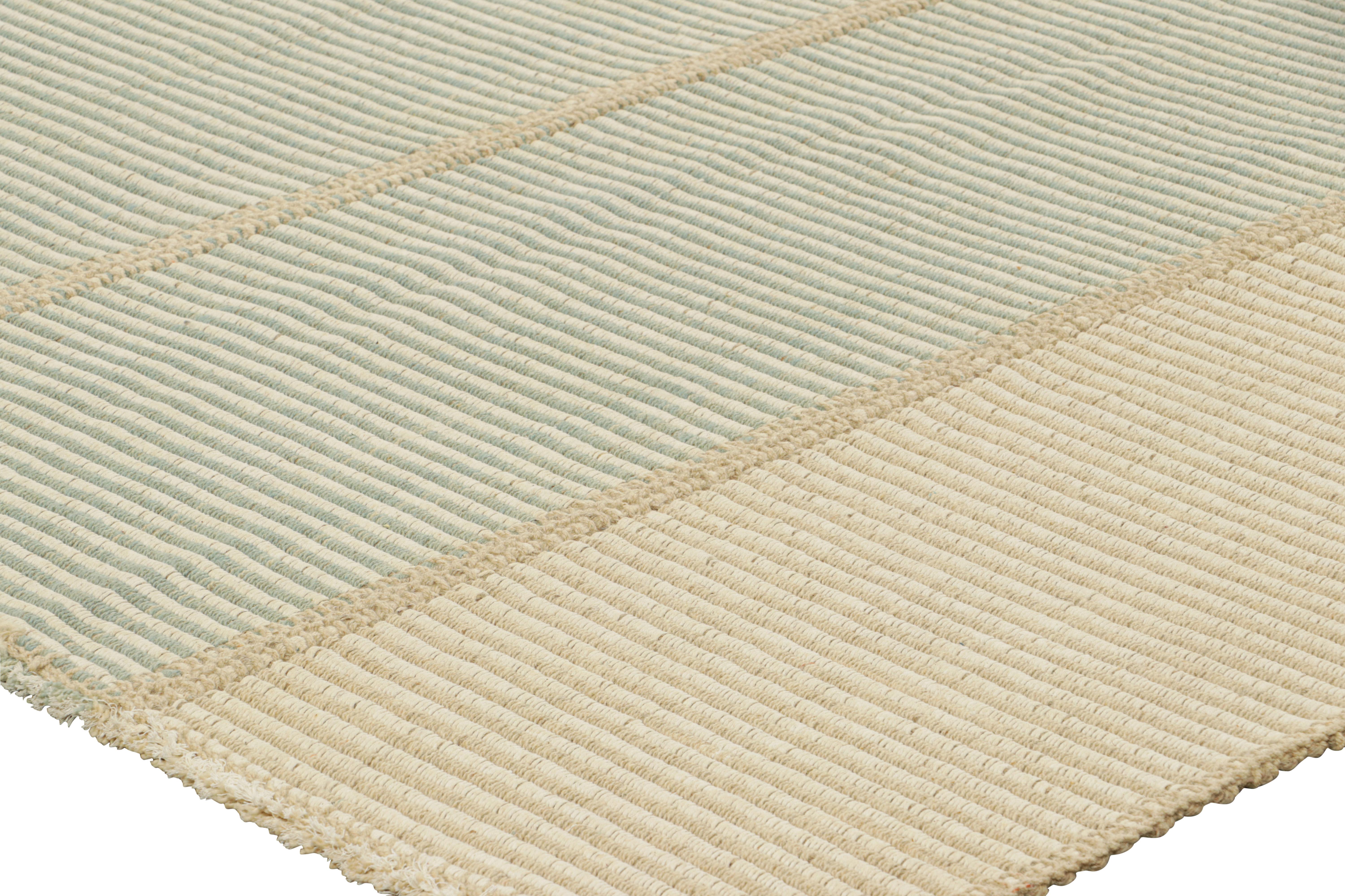 Rug & Kilim’s Contemporary Kilim in Beige, White and Blue Textural Stripes In New Condition For Sale In Long Island City, NY