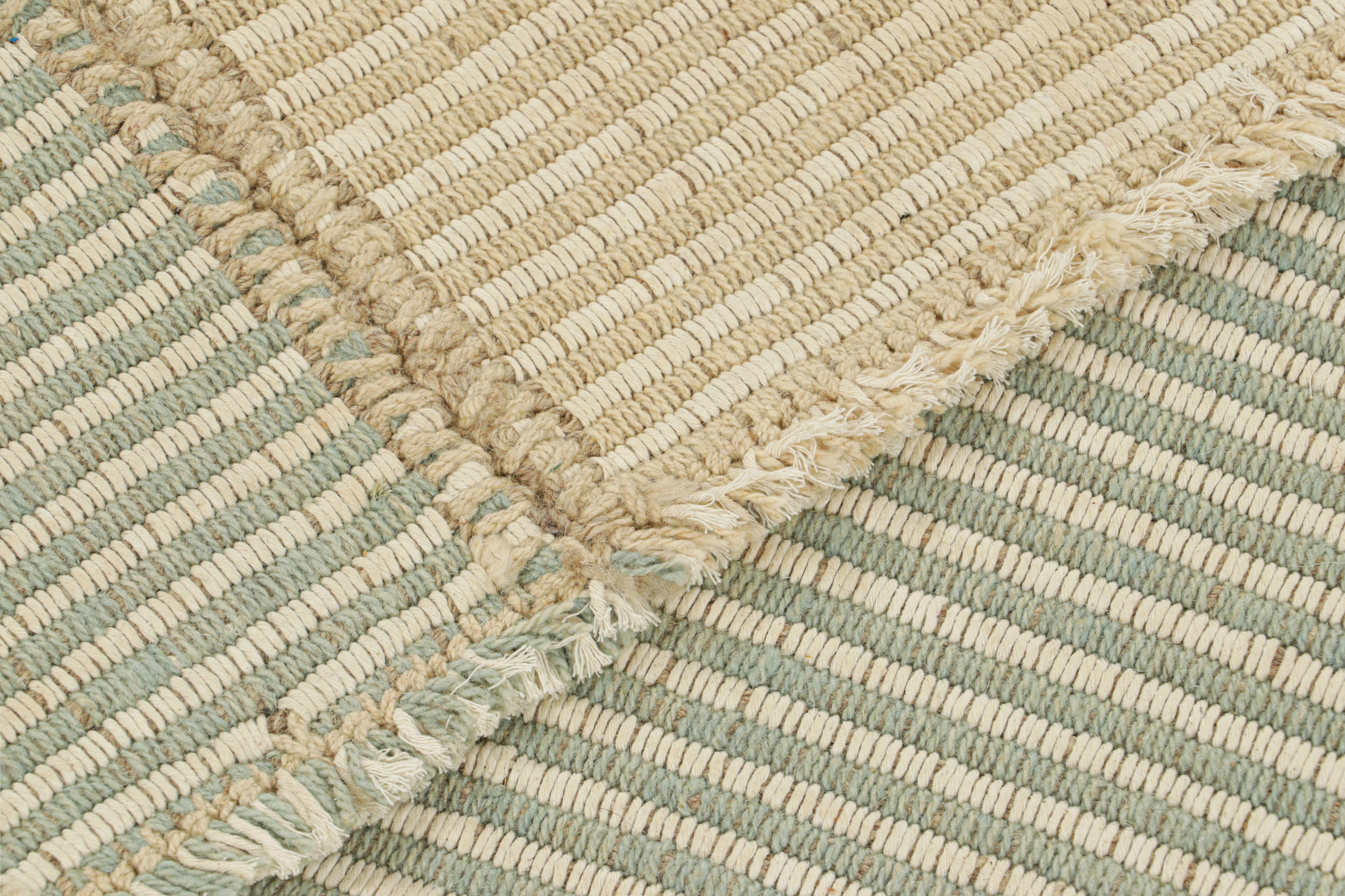 Wool Rug & Kilim’s Contemporary Kilim in Beige, White and Blue Textural Stripes For Sale