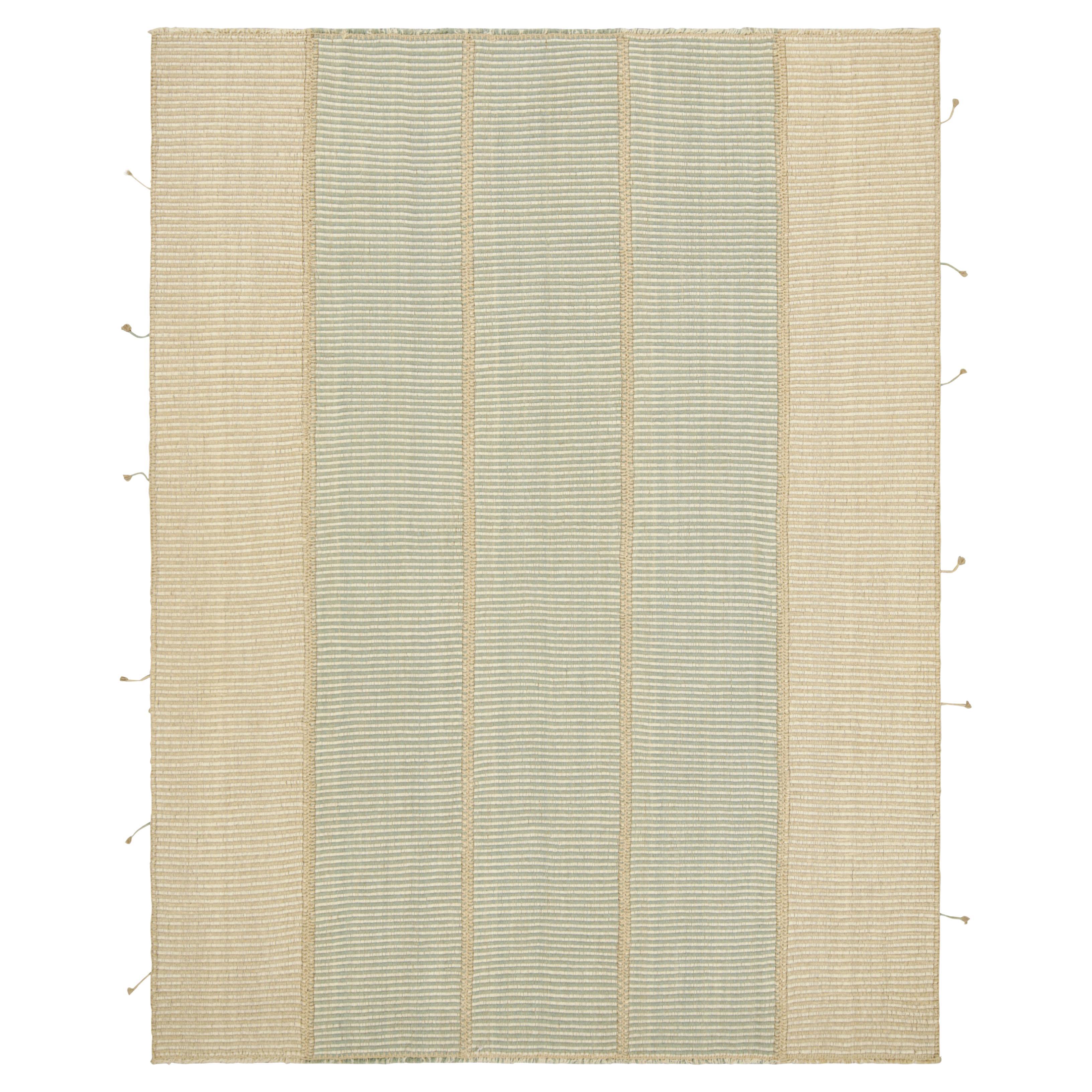 Rug & Kilim’s Contemporary Kilim in Beige, White and Blue Textural Stripes