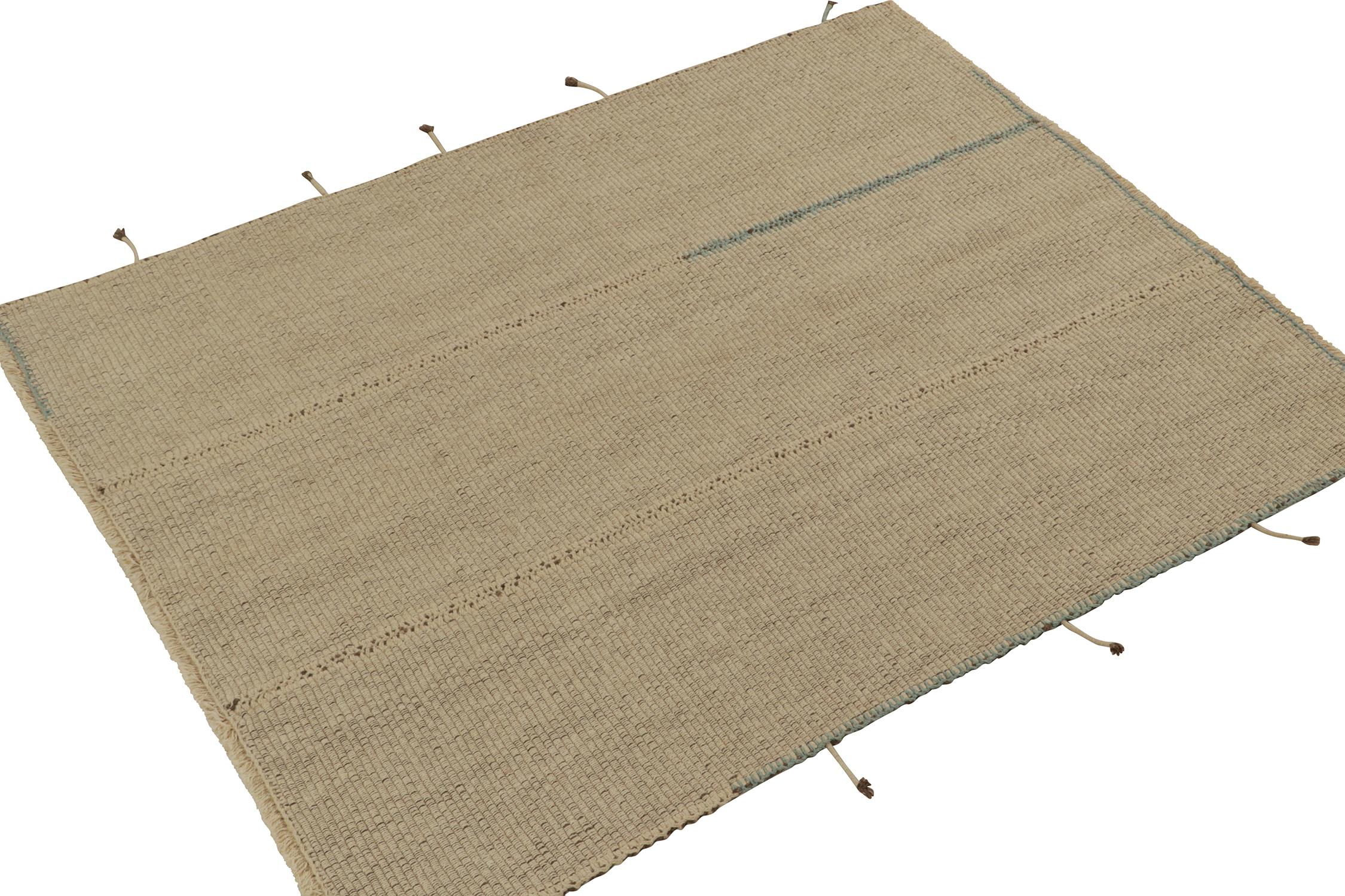 Handwoven in wool, a 5x6 Kilim from an inventive new contemporary flat weave collection by Rug & Kilim.
On the Design: The “Rez Kilim” connotes a modern take on classic panel weaving—enjoying warm beige columns with blue notes. Keen eyes will admire