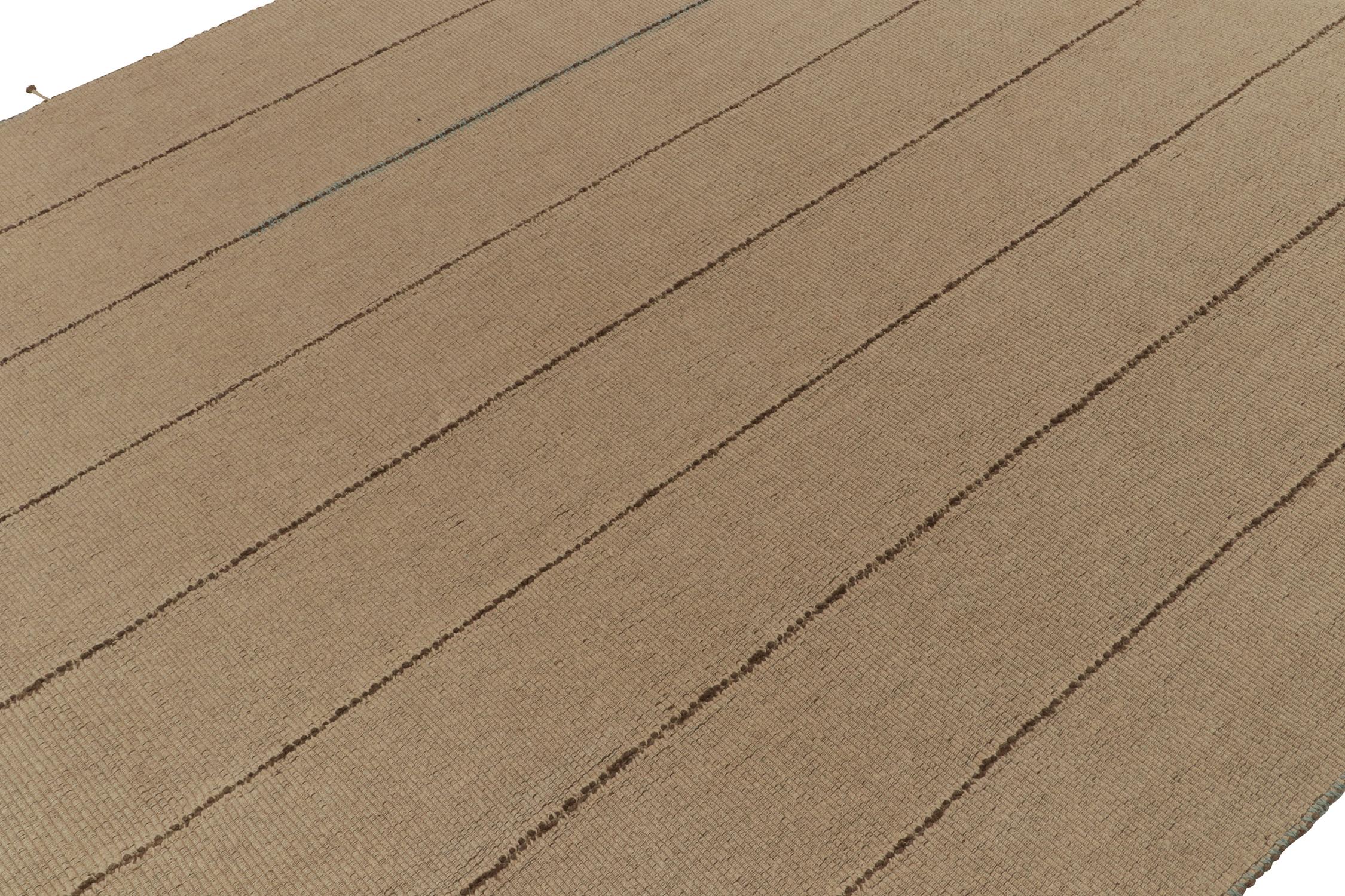 Hand-Knotted Rug & Kilim’s Contemporary Kilim in Beige with Blue and Brown Stripes For Sale