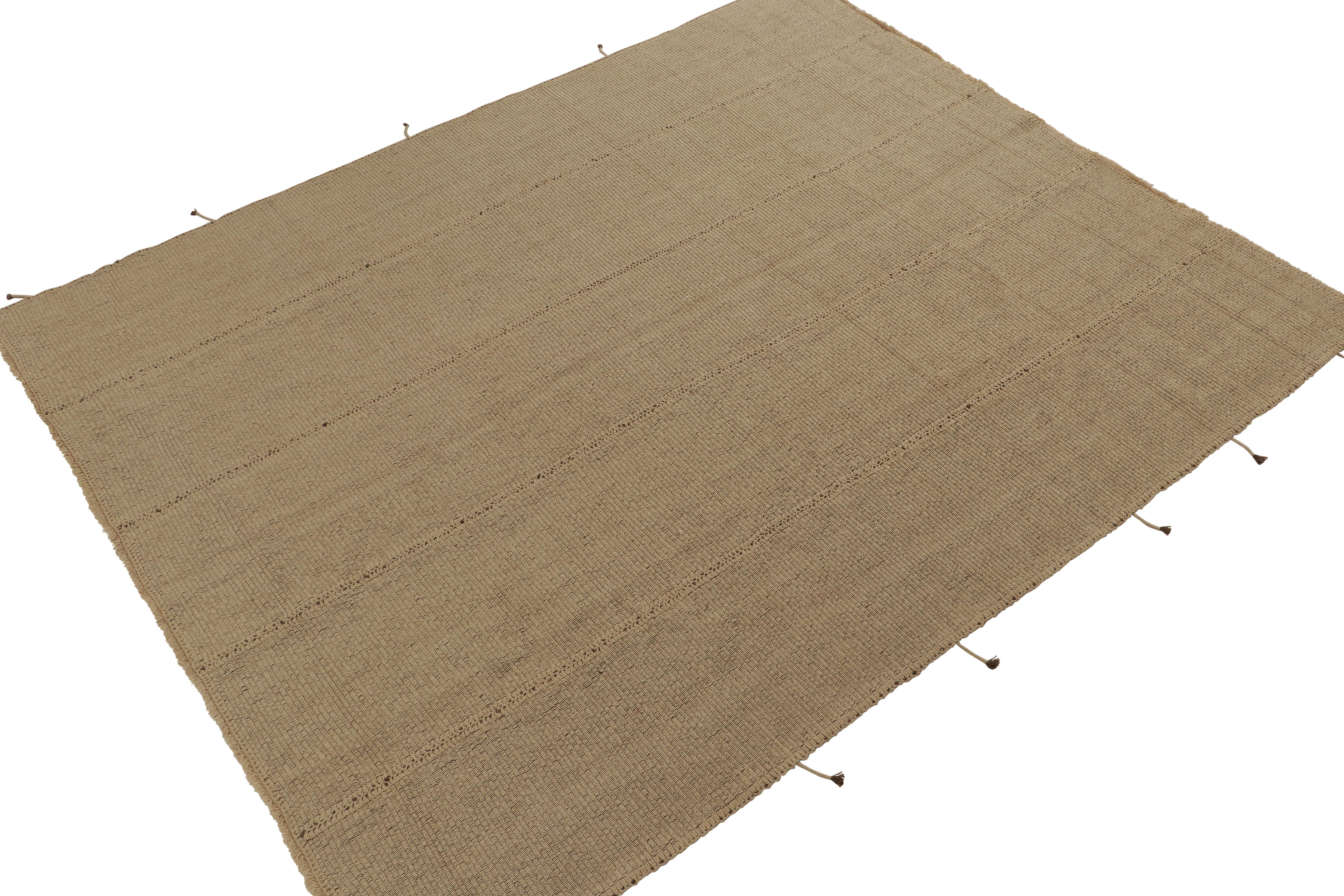 Handwoven in wool, an 8x10 Kilim from an innovative new contemporary flat weave collection by Rug & Kilim.
On the Design: The “Rez Kilim” connotes a modern take on classic panel weaving—enjoying warm beige with brown accents. Keen eyes will admire