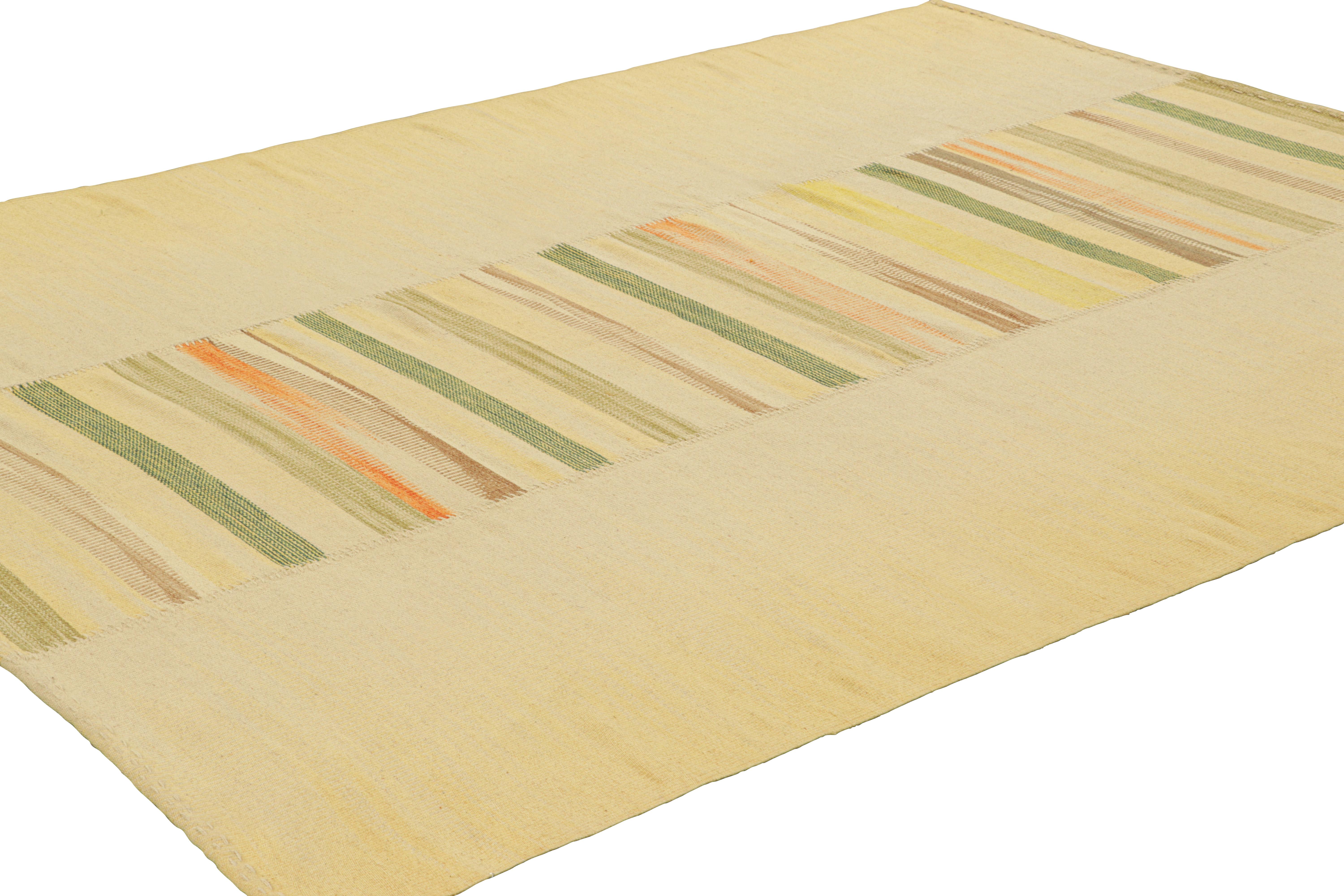 Turkish Rug & Kilim’s Contemporary Kilim in Beige, with Colorful Geometric Stripes For Sale