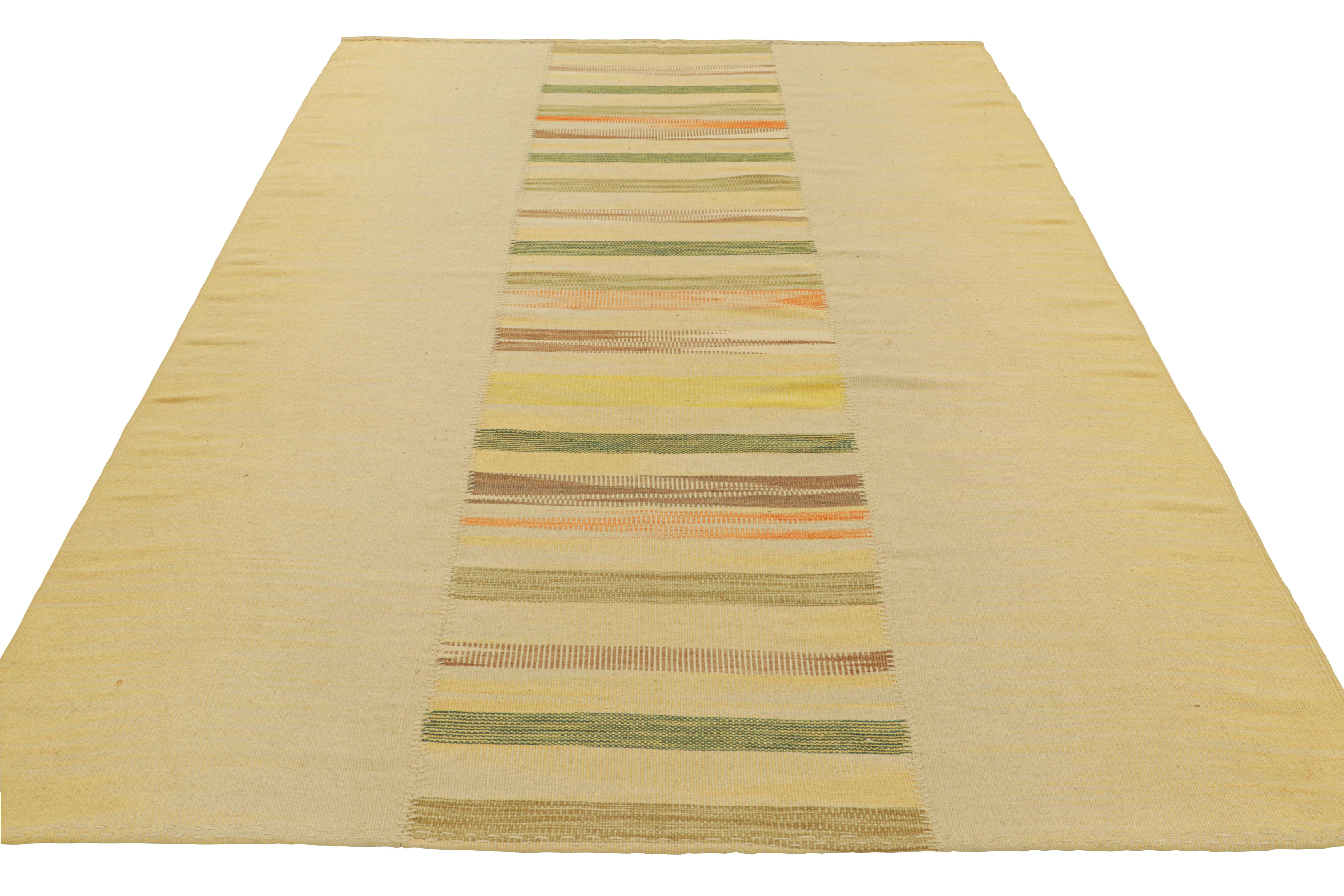 Hand-Woven Rug & Kilim’s Contemporary Kilim in Beige, with Colorful Geometric Stripes For Sale