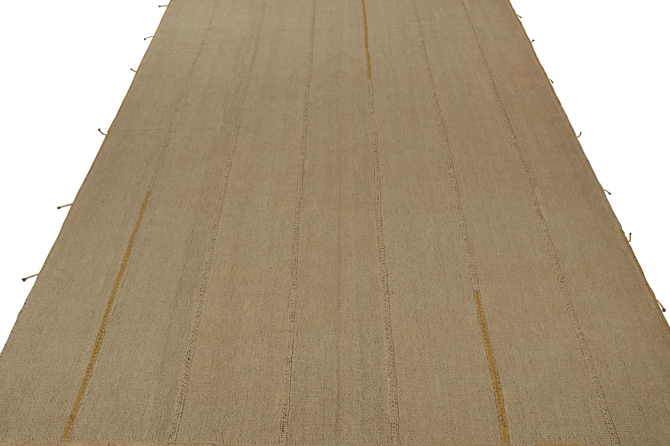 Handwoven in wool, a large 12x16 Kilim from an innovative new contemporary flat weave collection by Rug & Kilim.
On the Design:
“Rez Kilim” connotes a modern take on classic panel weaving—this edition enjoying soft beige with gold and brown accents.