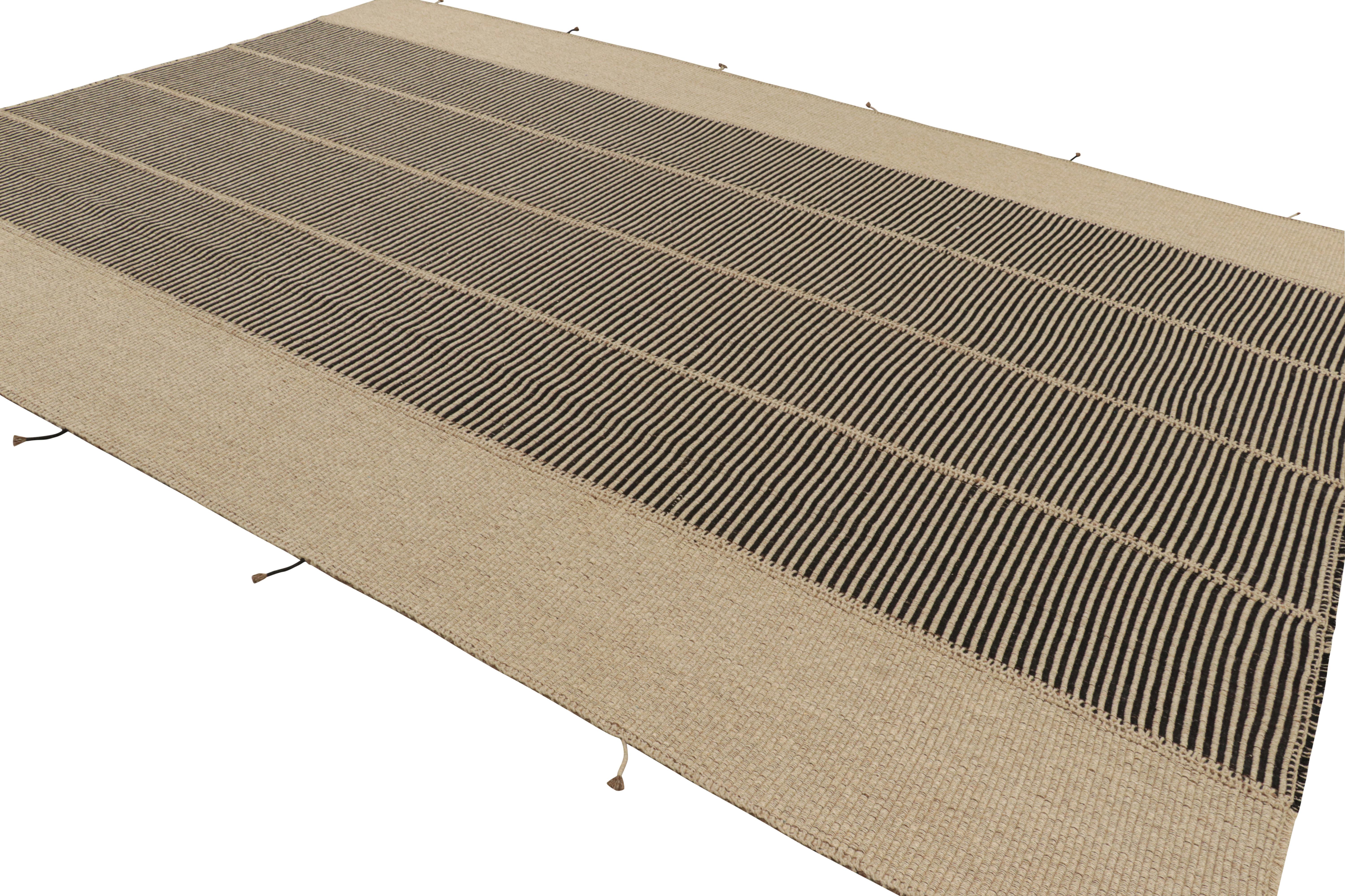 Afghan Rug & Kilim’s Contemporary Kilim in Black and Beige Textural Stripes For Sale