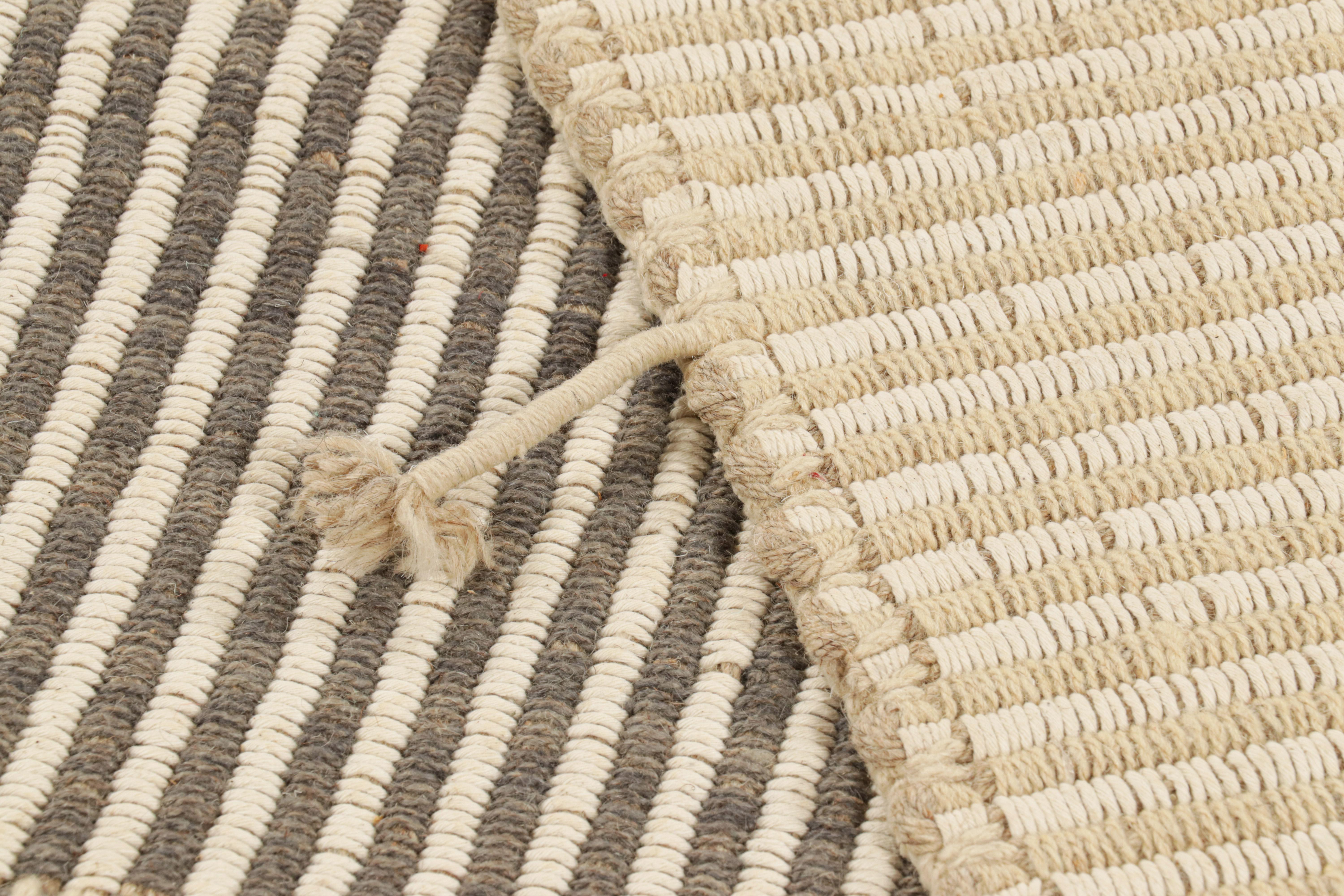 Wool Rug & Kilim’s Contemporary Kilim in Black and Beige Textural Stripes For Sale