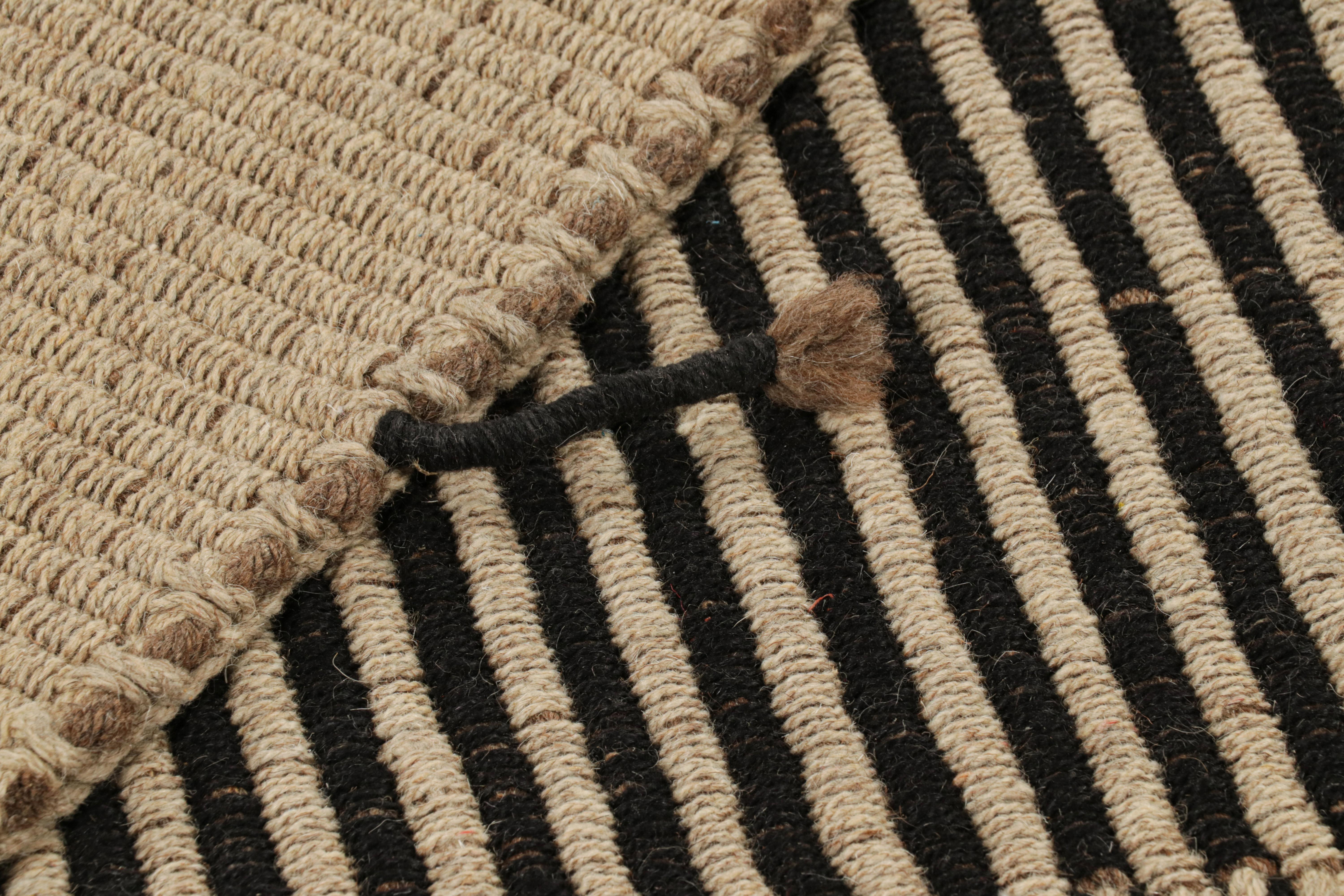 Wool Rug & Kilim’s Contemporary Kilim in Black and Beige Textural Stripes For Sale