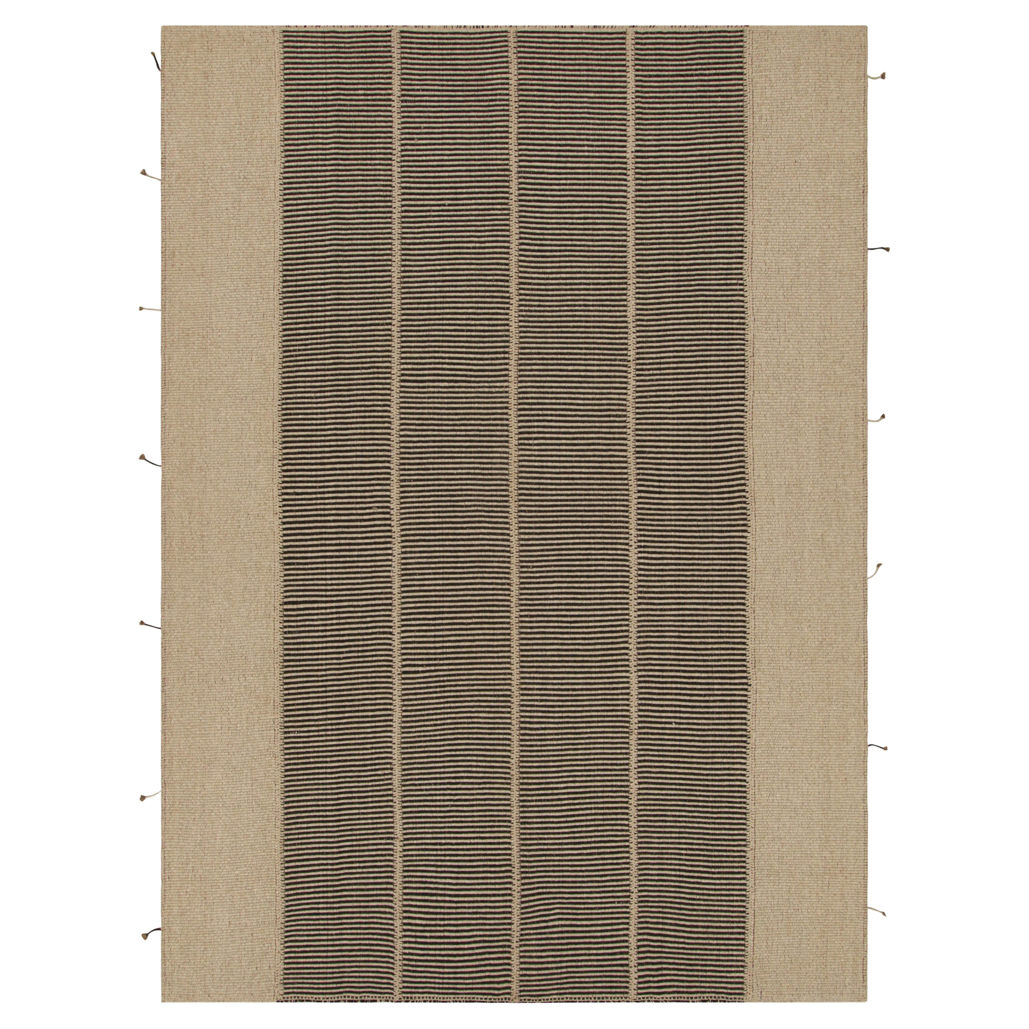 Rug & Kilim's Contemporary Kilim in Black and Beige Textural Stripes (Kilim contemporain à rayures texturées noires et beiges) 
