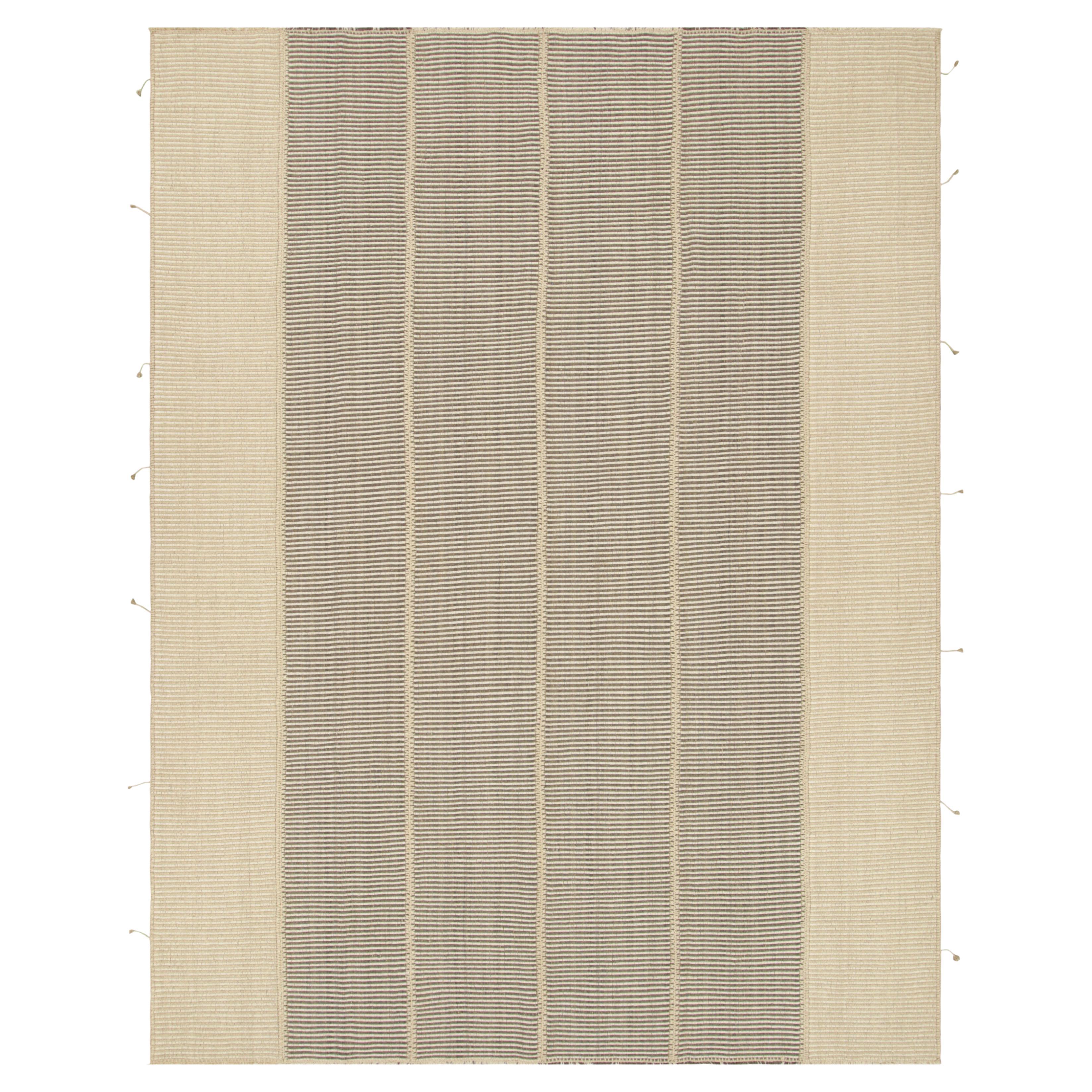 Rug & Kilim’s Contemporary Kilim in Black and Beige Textural Stripes For Sale