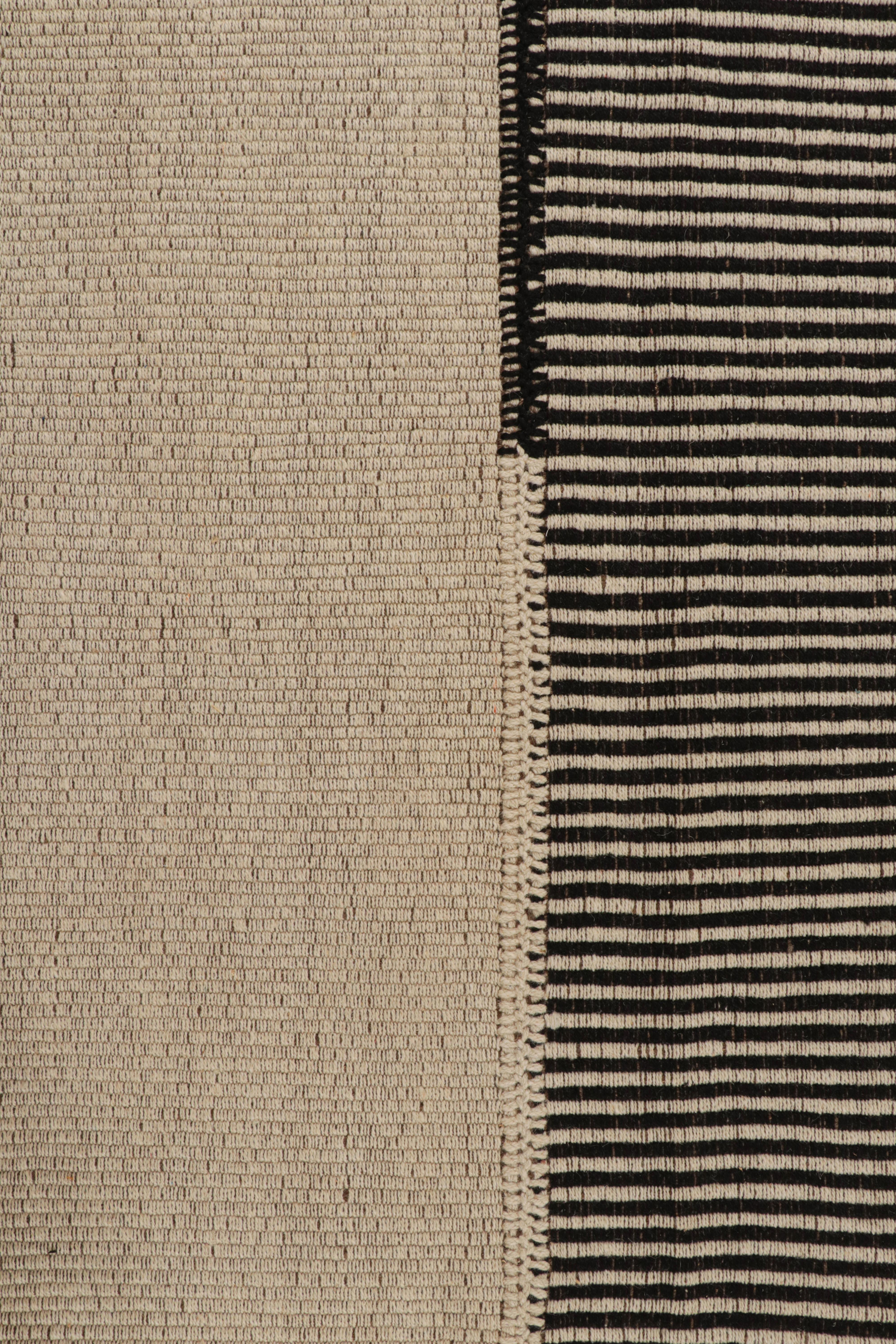 Modern Rug & Kilim’s Contemporary Kilim in Black & Beige Stripes with Brown Accents For Sale