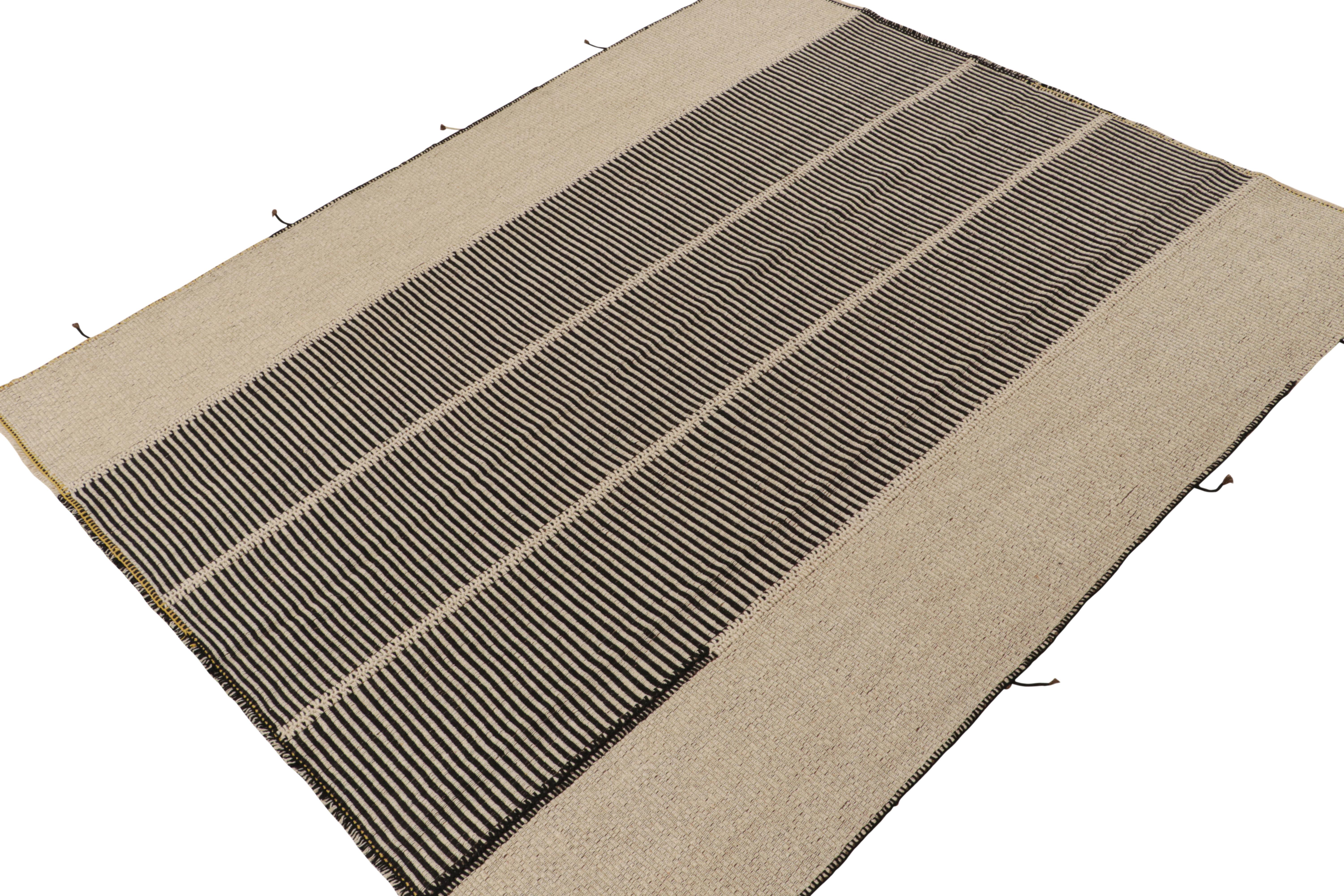 Persian Rug & Kilim’s Contemporary Kilim in Black & Beige Stripes with Brown Accents For Sale