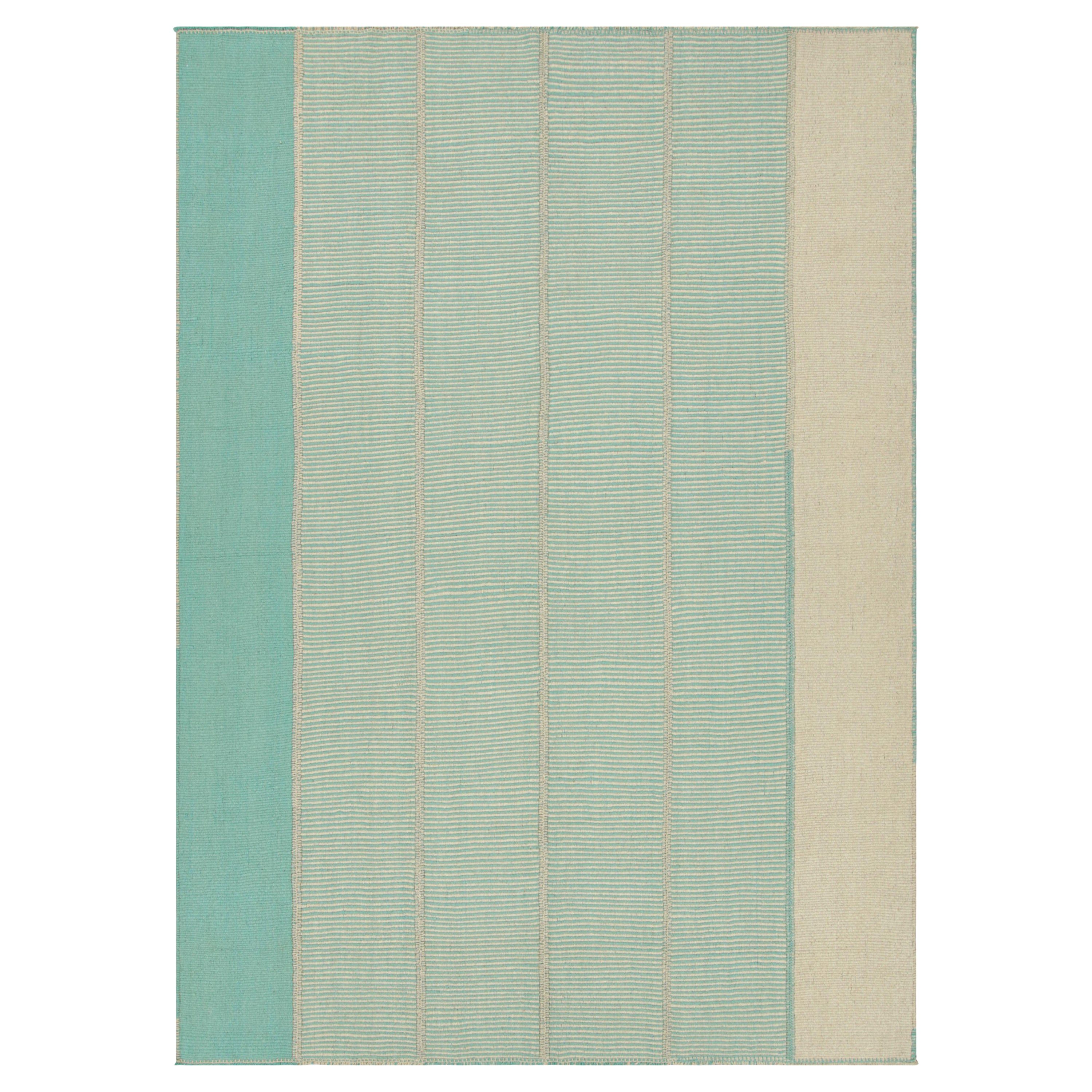 Rug & Kilim's Contemporary Kilim in Blau und Beige Geometrisch gestreift