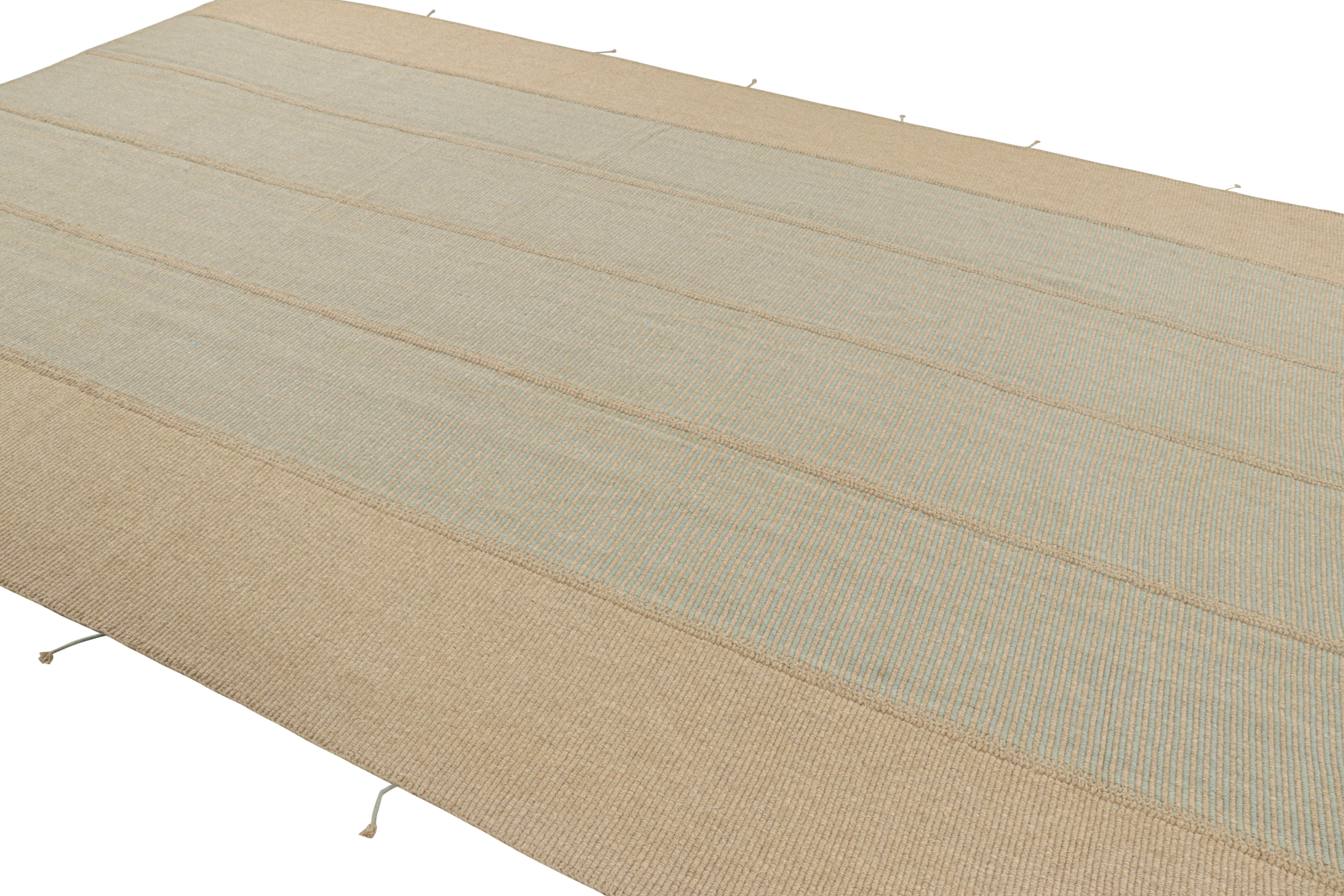 Afghan Rug & Kilim’s Contemporary Kilim in Blue and Beige Textural Stripes For Sale