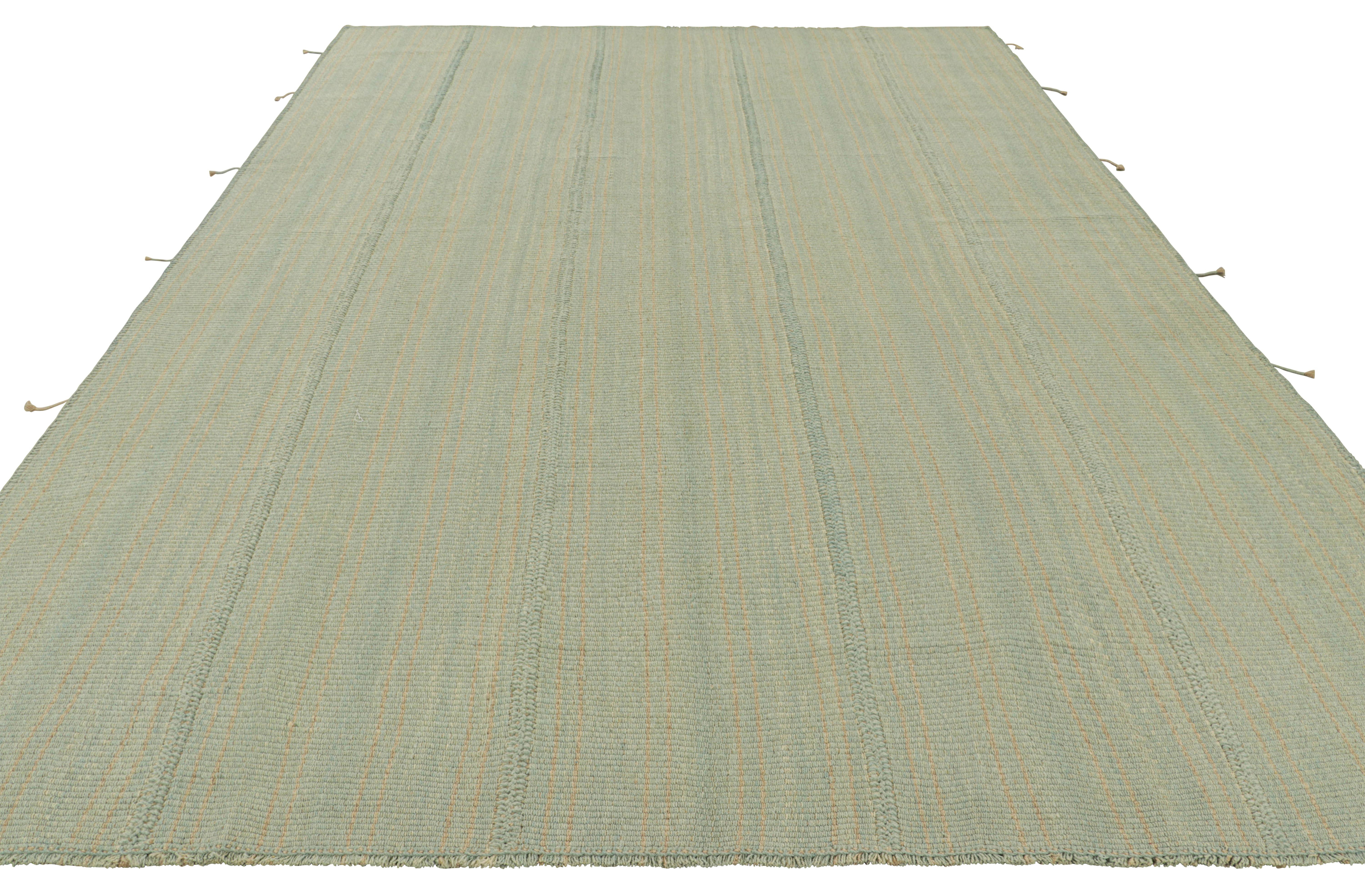 Hand-Woven Rug & Kilim’s Contemporary Kilim in Blue and Beige Textural Stripes For Sale