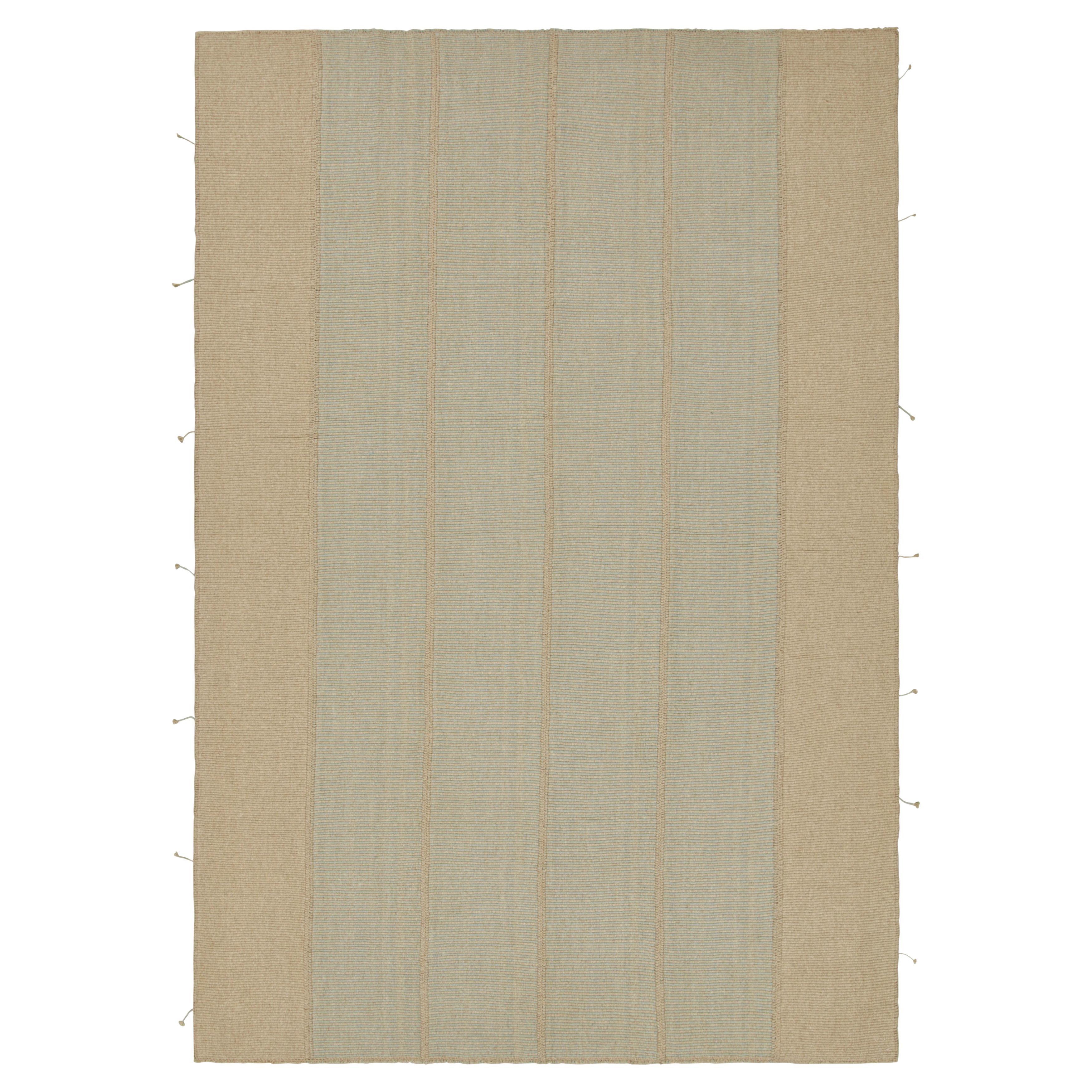 Rug & Kilim’s Contemporary Kilim in Blue and Beige Textural Stripes For Sale