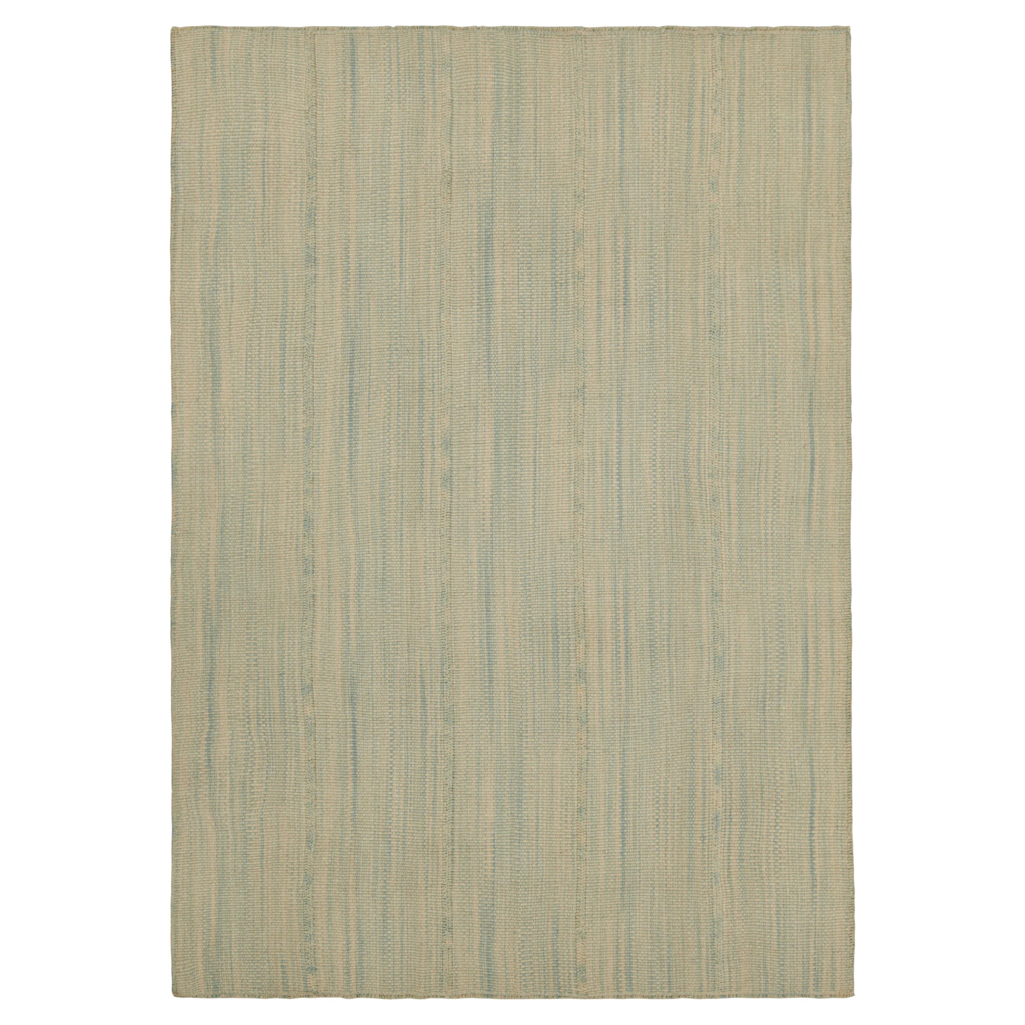 Rug & Kilim’s Contemporary Kilim in Blue and Cream White Textural Stripes