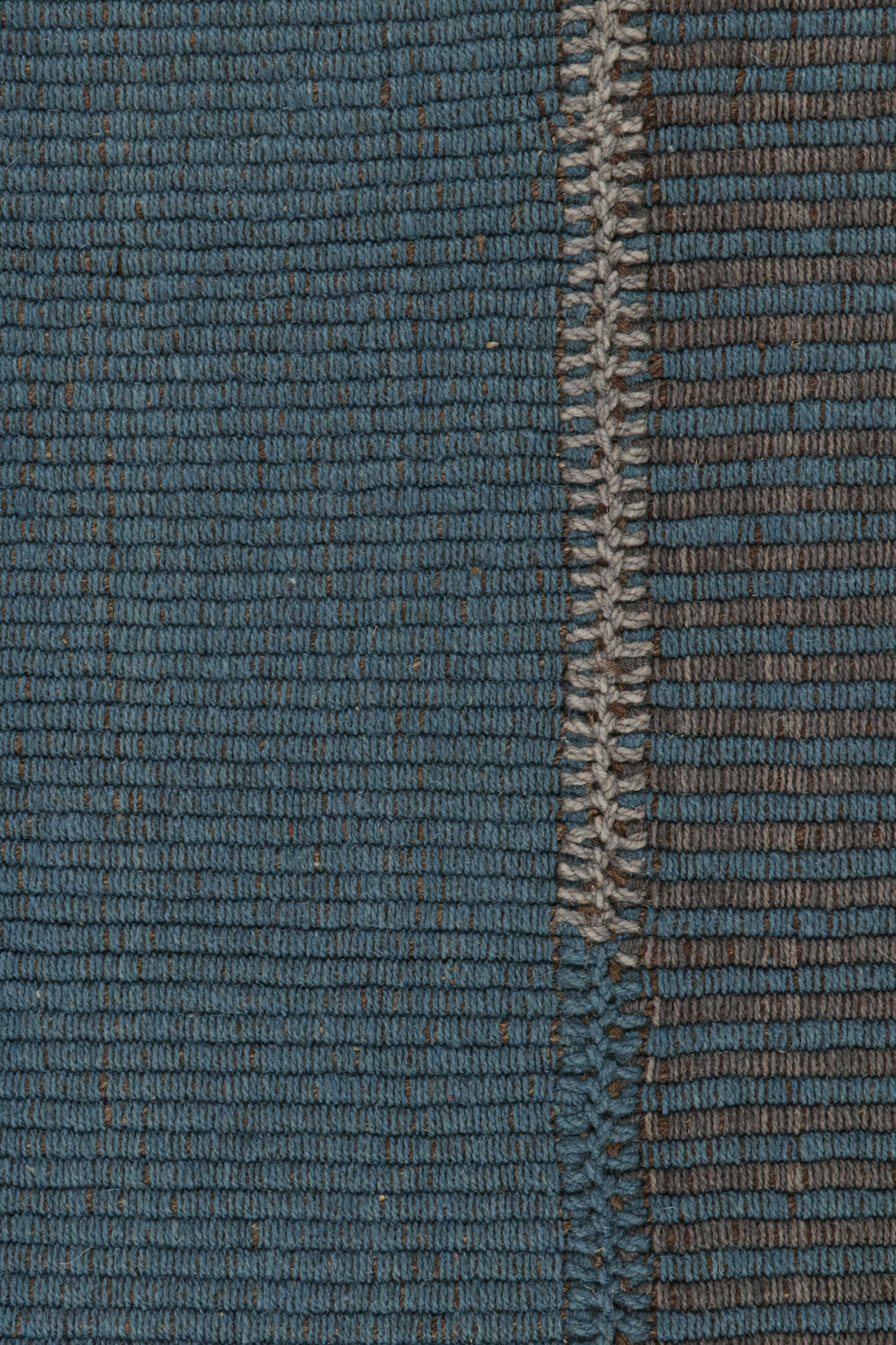 Modern Rug & Kilim’s Contemporary Kilim in Blue and Gray Stripes with Brown Accents For Sale