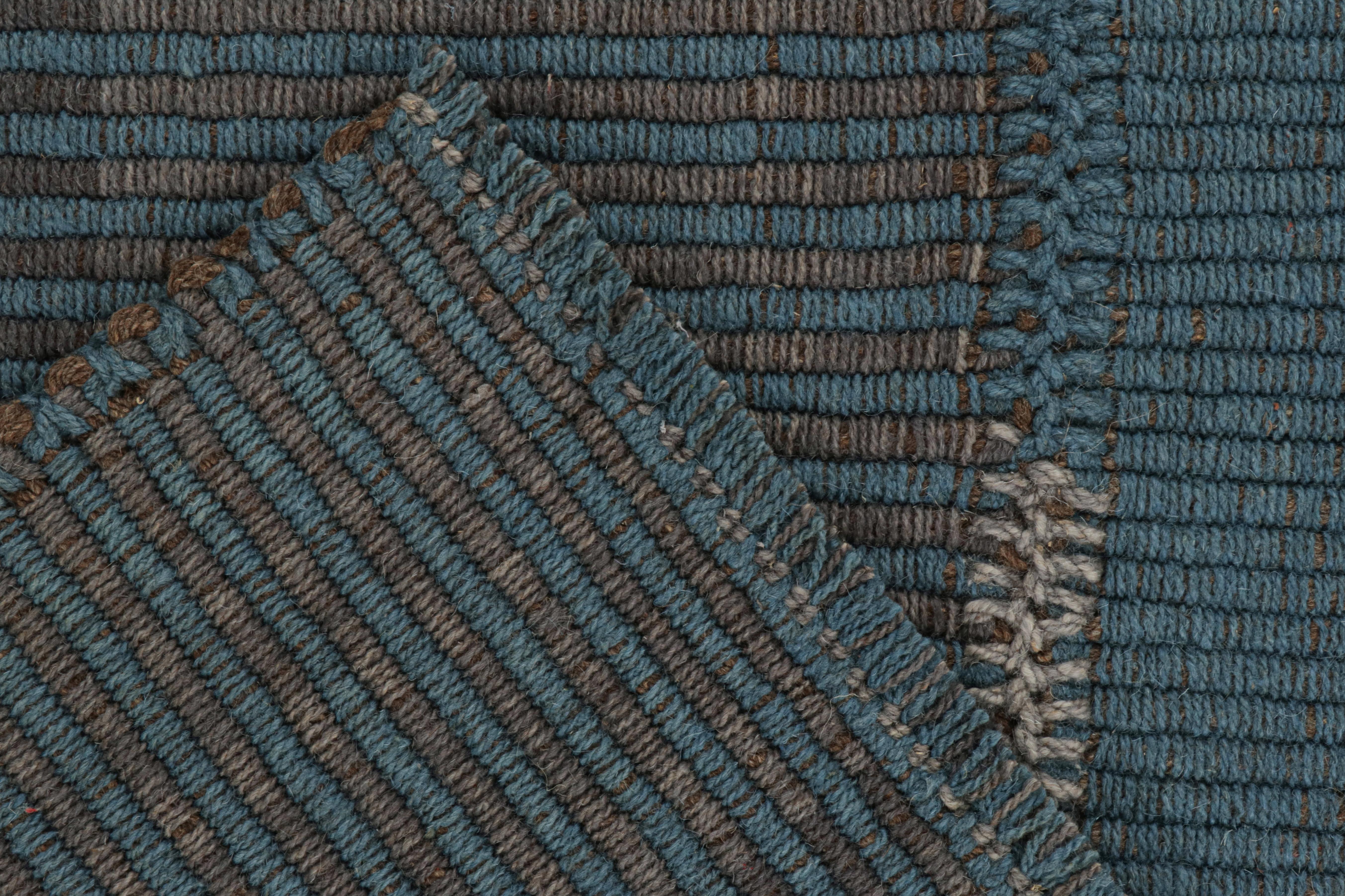 Wool Rug & Kilim’s Contemporary Kilim in Blue and Gray Stripes with Brown Accents For Sale
