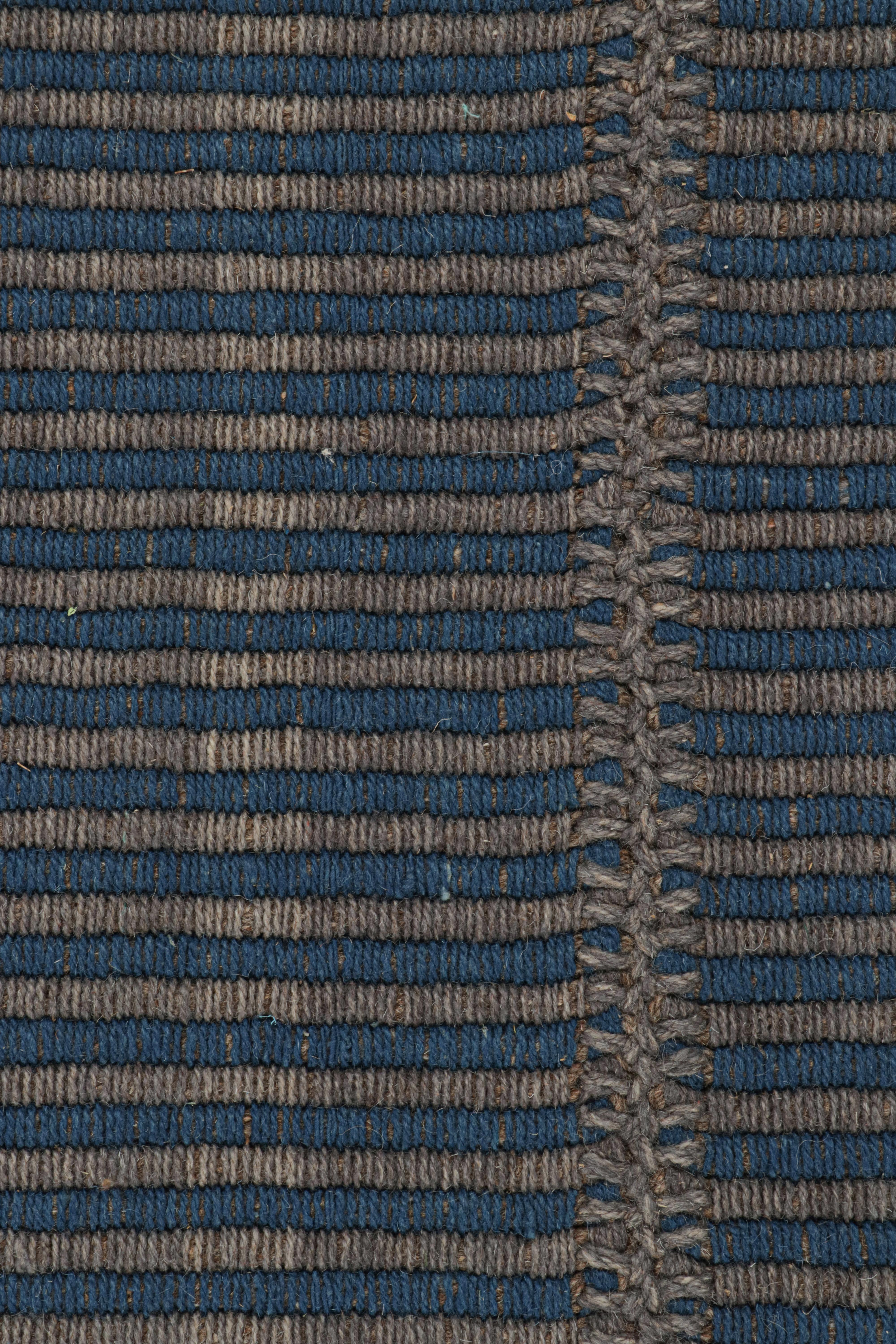 Modern Rug & Kilim’s Contemporary Kilim in Blue and Gray with Stripes & Brown Accents For Sale