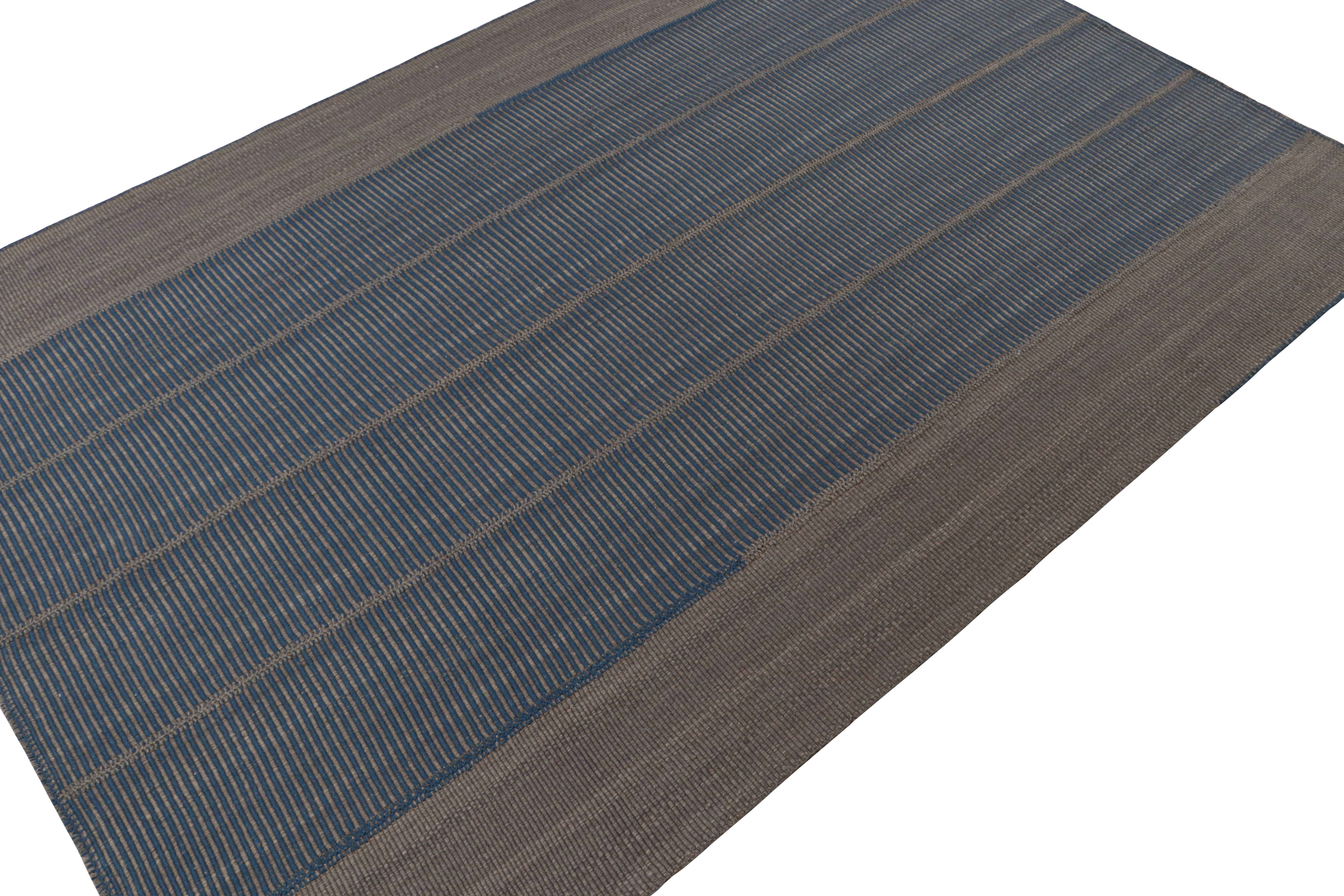 Persian Rug & Kilim’s Contemporary Kilim in Blue and Gray with Stripes & Brown Accents For Sale