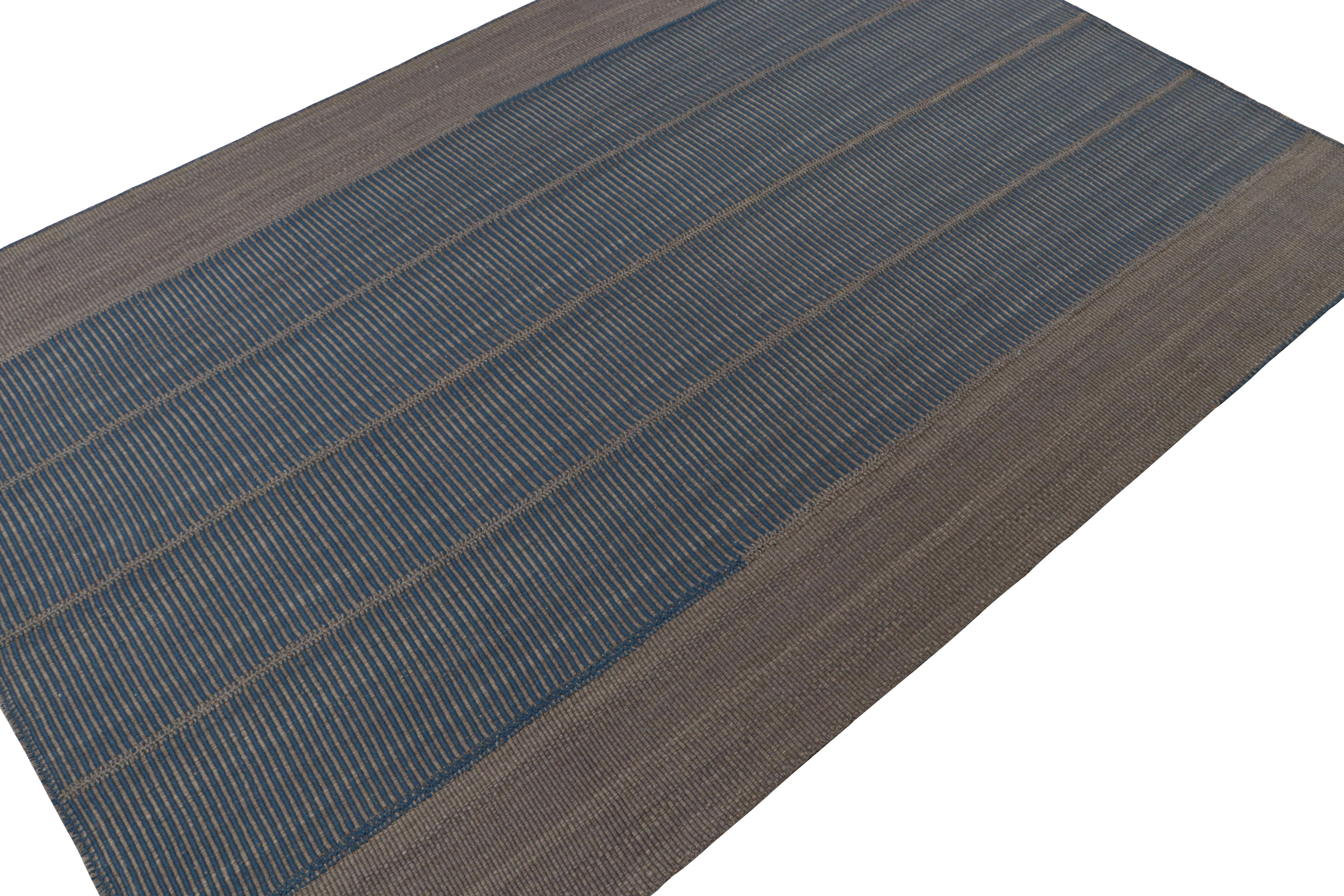 Perse Rug & Kilim’s Contemporary Kilim in Blue and Gray with Stripes & Brown Accents en vente